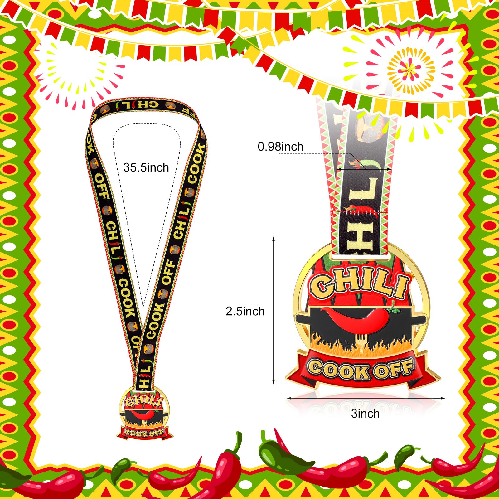 Equsion Juego de 3 medallas de trofeos de premio Chili Cook Off de Chili Cook Off Premios 1er 2º 3er Premios Juego de 3 medallas de lugar con cintas, oro, plata, bronce, chile, decoración para