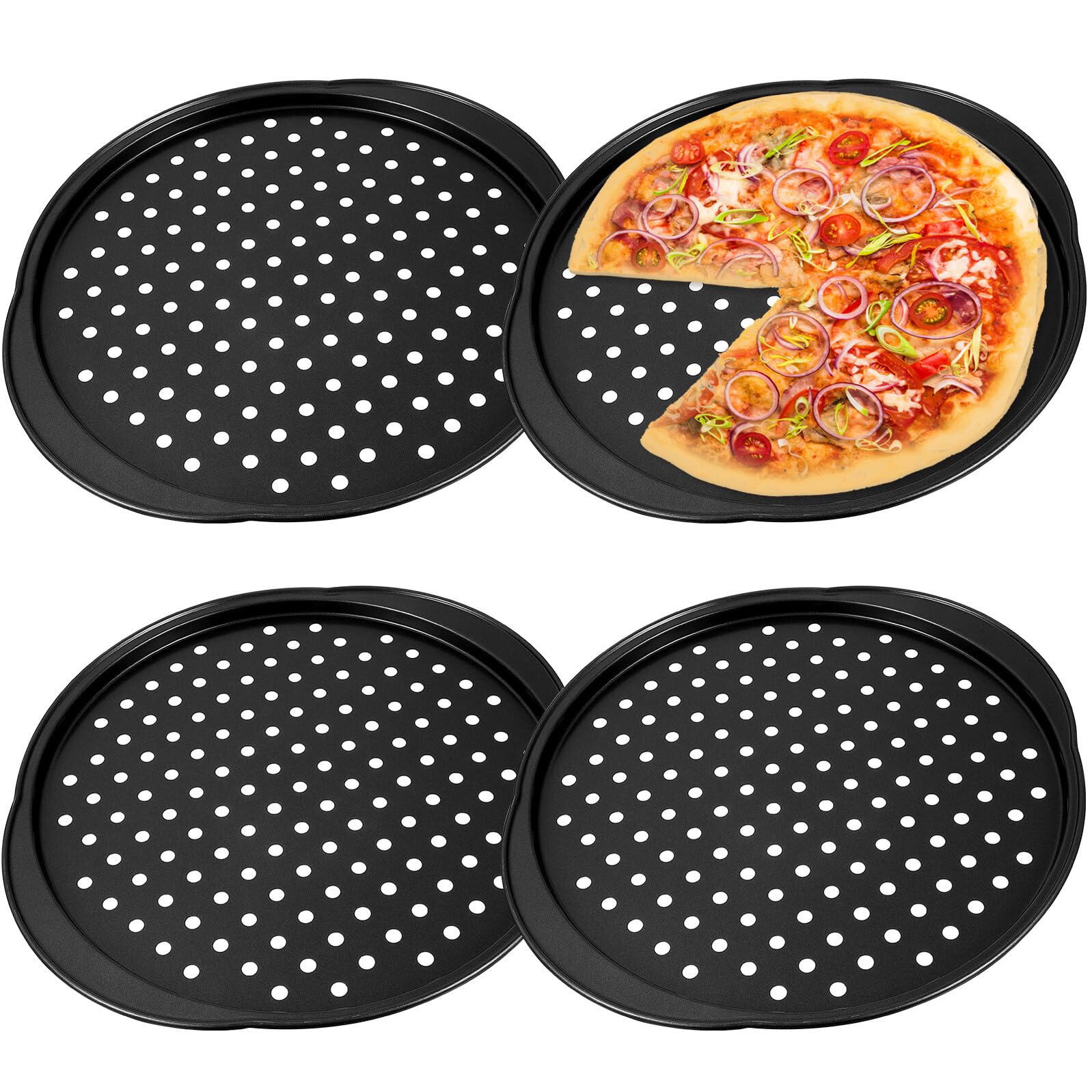TOYANDONA 4 pezzi Teglie Pizza Traforate in Acciaio al Carbonio con Impugnature Piccole Teglie da Forno Antiaderenti per Cottura Omogenea e Resistente ad Alta Temperatura per Pizze Fatte in