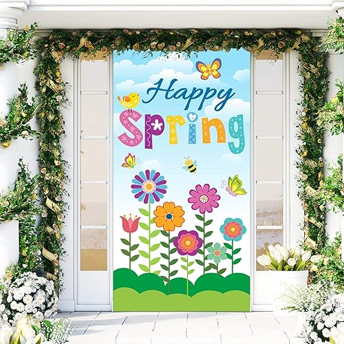 Miniatura 6 de Whaline Decoración de cubierta de puerta con texto en inglés «Hello Spring» con diseño floral de primavera para puerta delantera, cartel colgante