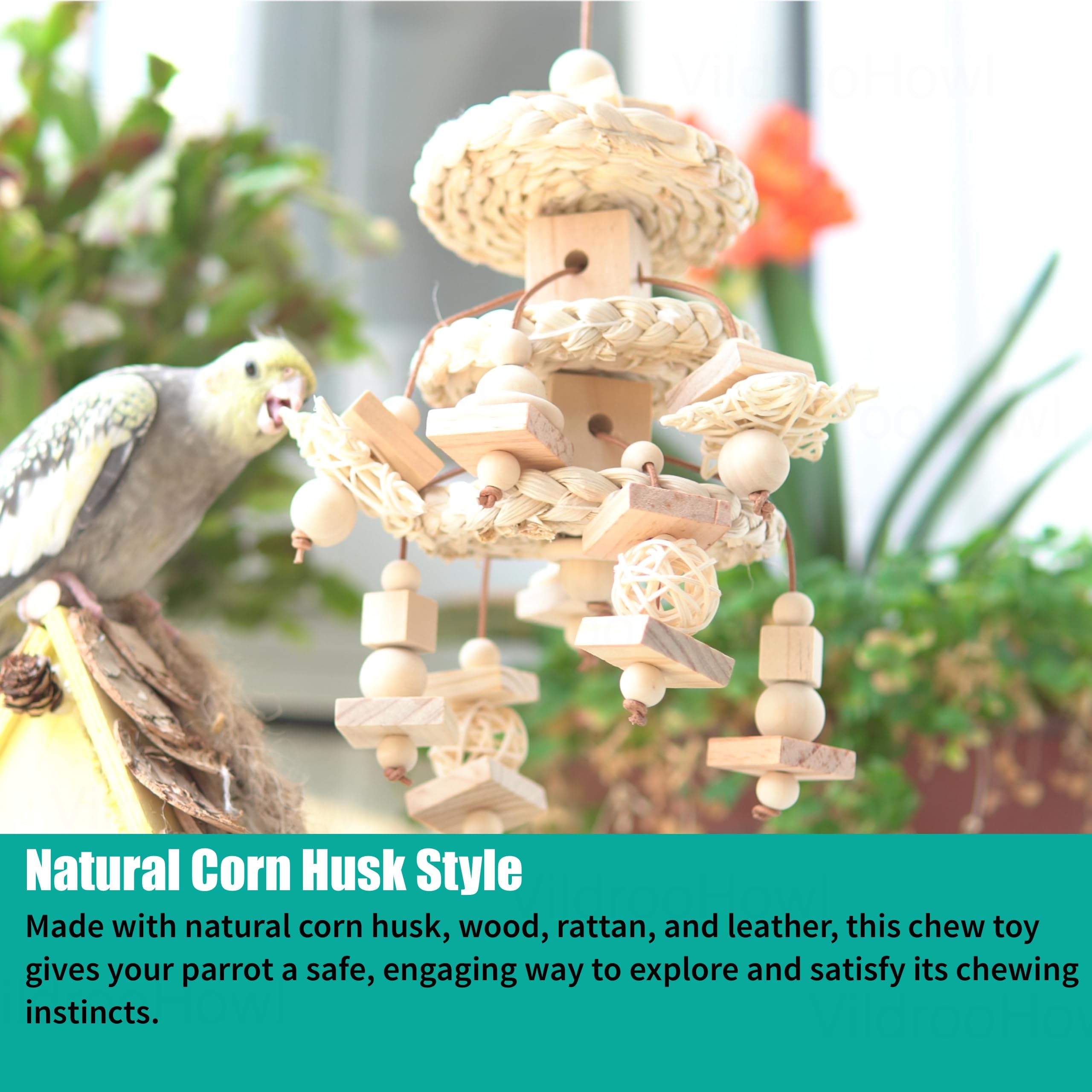 6 Pcs Natural Bird Toys for Parrots - Seagrass Swing, Loofah, Wood & Corn Husk Chew Toy Set - Shredding Enrichment Kit for Small to Medium Cockatiels, Parakeets, Conures, Budgies - image 8