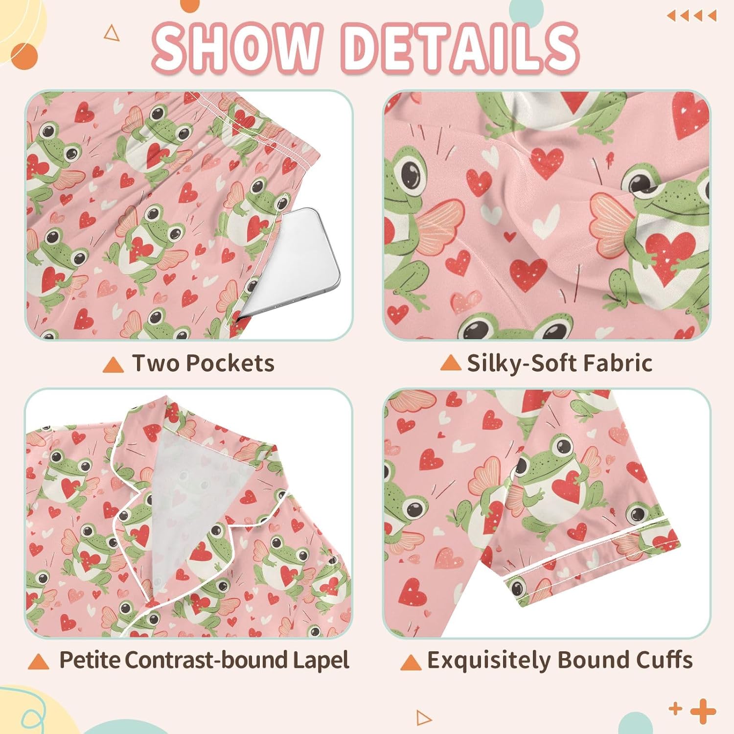 Kids Satin Wear Set Frogs Wings Hearts Pattern Relaxing Clothing Short Sleeve and Shorts