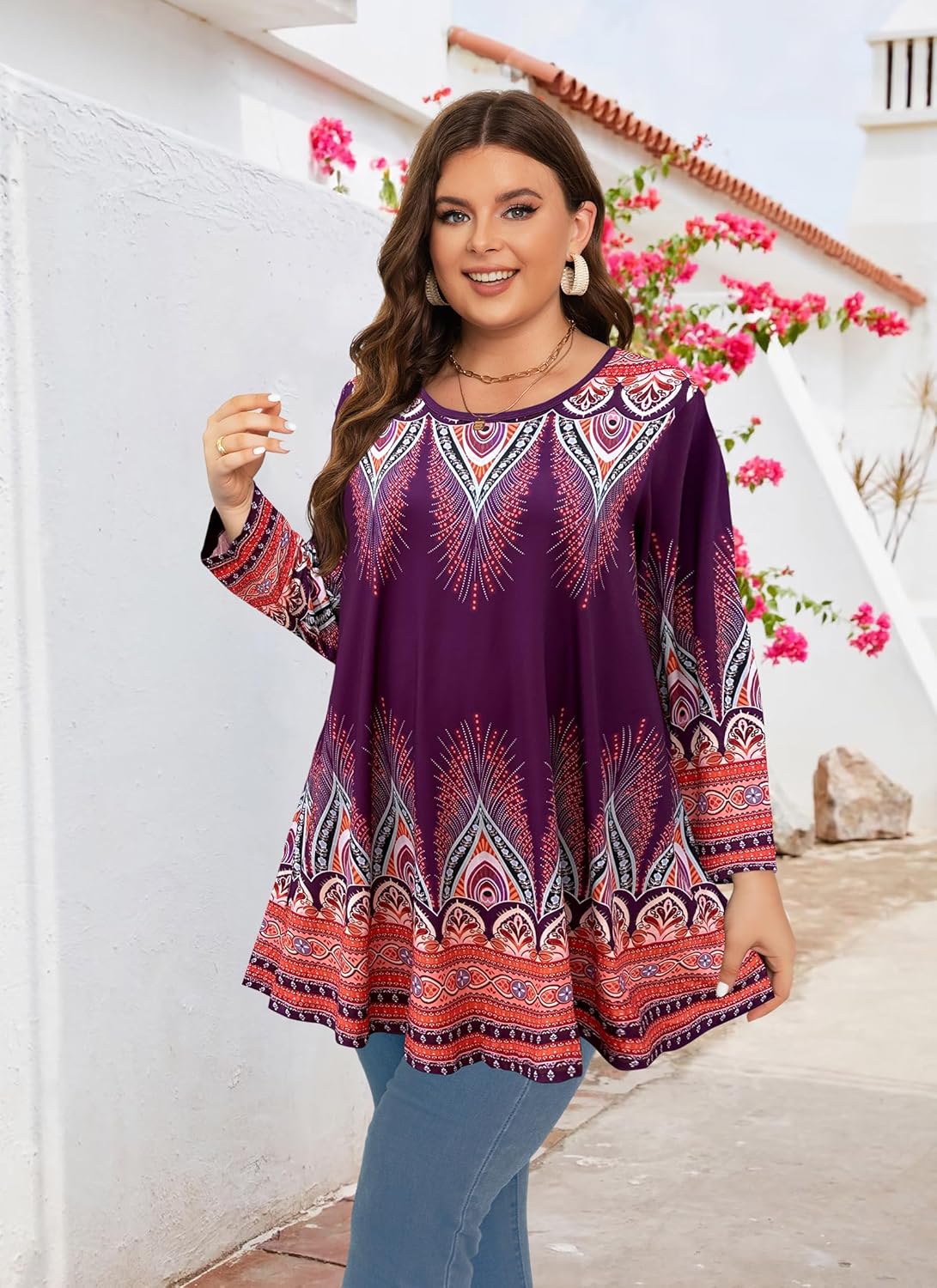 Womens Tunic 3/4 Sleeve Plus Size Tops Crew Neck Swing Flowy Loose Fit T-Shirt Blouses to Wear with Leggings - Image 4