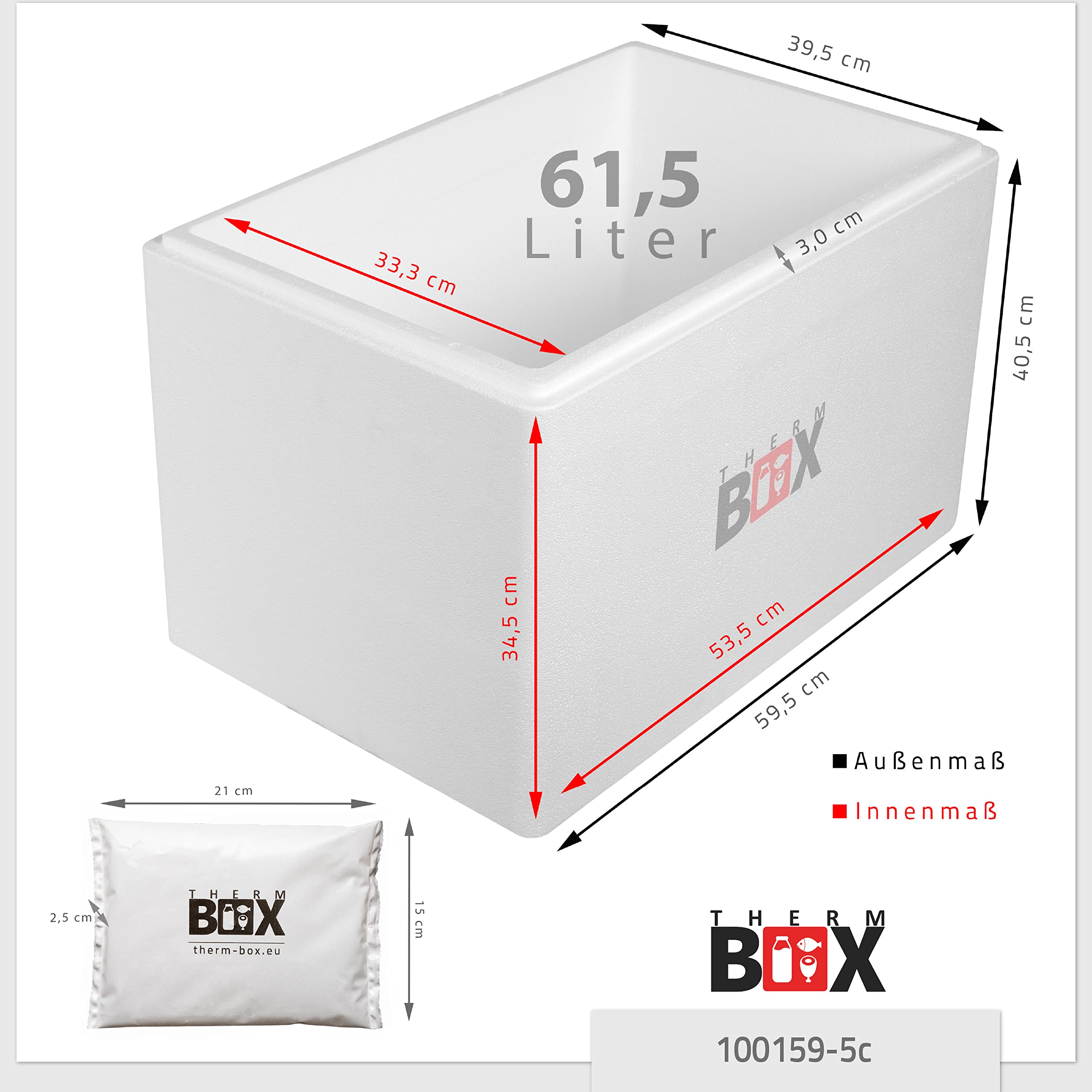THERM BOX Styroporbox 61W mit 5X Kühlakku für Kühlbox 61,5L Innen: 53x33x34cm Transportbox Thermbehälter Wiederverwendbar