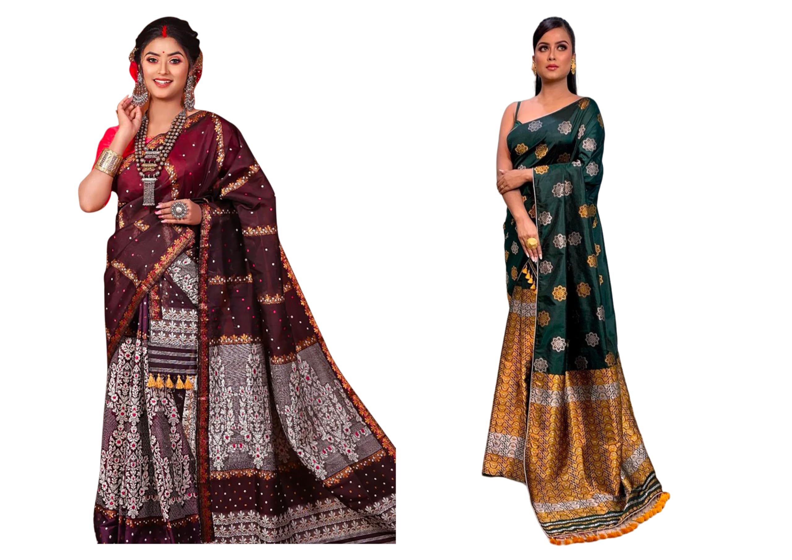 VM Selling Hub Women's Assamese Poly Silk Traditional Assam Mekhela Chador Saree (F_4589684-King Coffee-Srivalli mahendi)