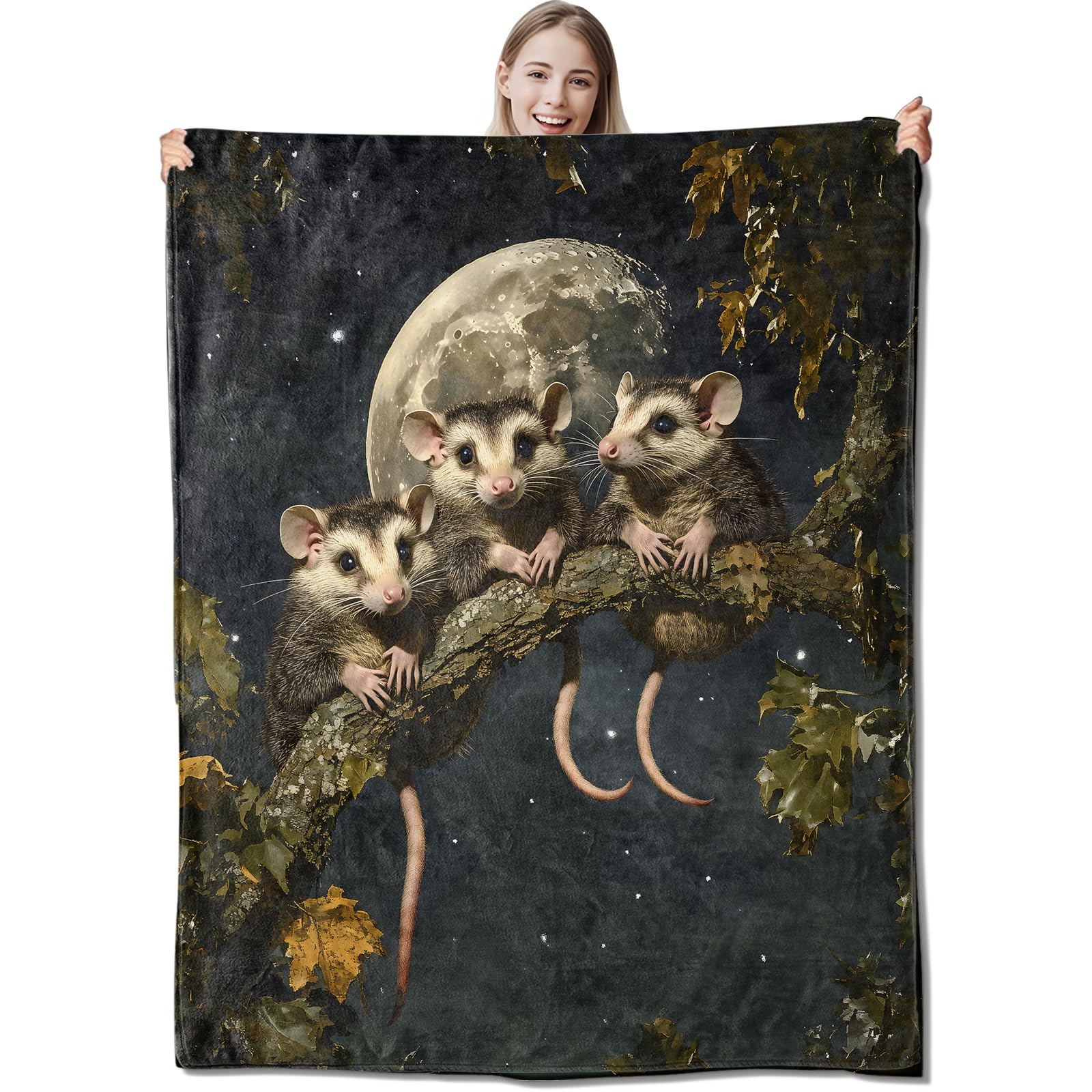 CUEBOS Moonlight Opossum Flannel Throw Blanket 50x60 Inch, Possum on Tree Branch with Full Moon Blankets Soft Cozy Fleece Throws for Animal Lover Bed