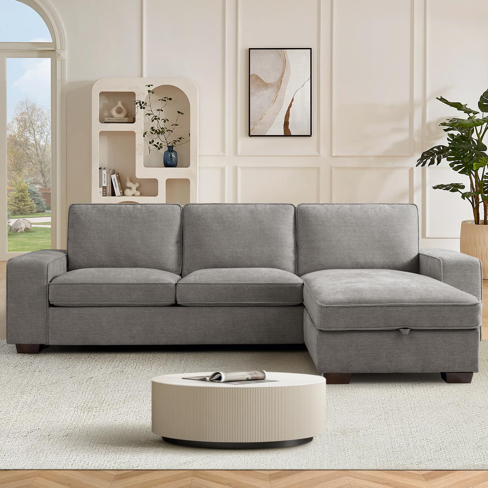 DUANDUAN 250CM Convertible Sektionssofa mit Chaise Lagerung, modernes L-förmiges reversibles Design, bequemer Chenille Stoff, abnehmbare Kissenbezüge, USB Type-C Ports (Hellgrau)