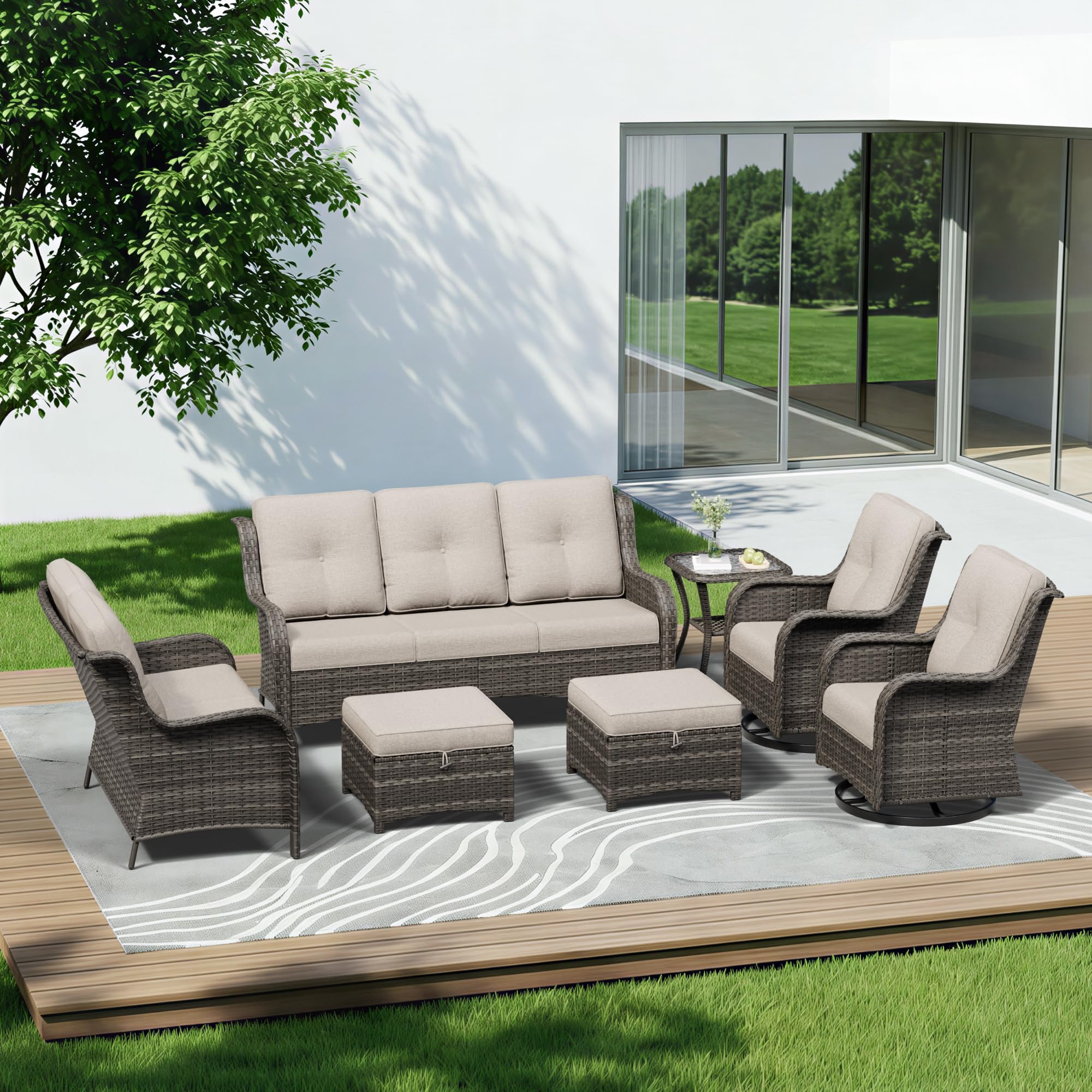 7 Piece Outdoor Wicker Patio Furniture Set, Outdoor Swivel Rocker Patio Chairs Set with Thickened Olefin Cushions, High Back and Deep Seating, Hand-Woven PE Rattan for Porch, Deck