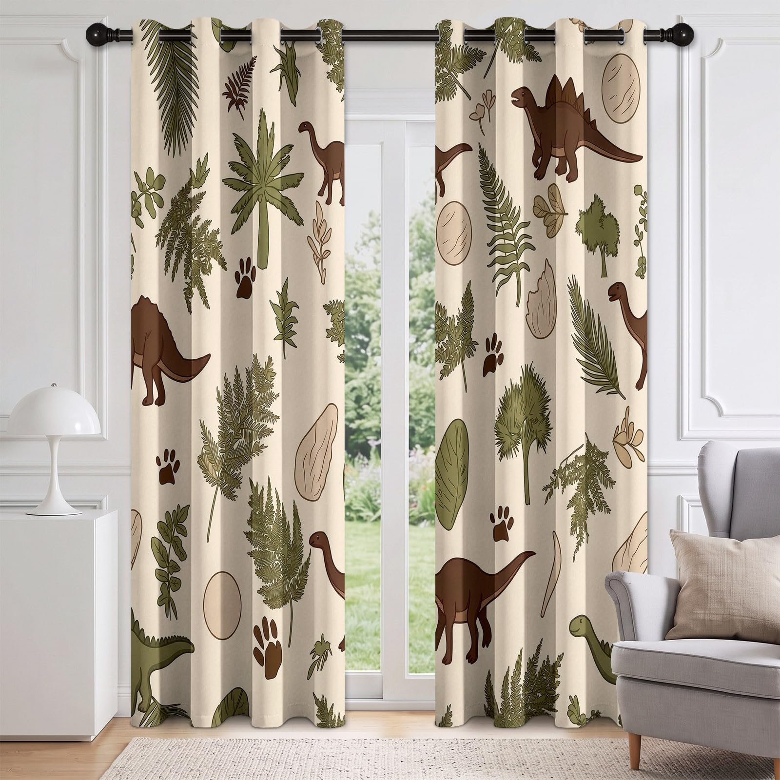 Zasłona z motywem dinozaurów, 100% termiczna zaciemniająca z oczkami, zestaw 2 sztuk 140 x 180 cm, paproć palma do sypialni dla chłopca i redukcja hałasu, do salonu i sypialni