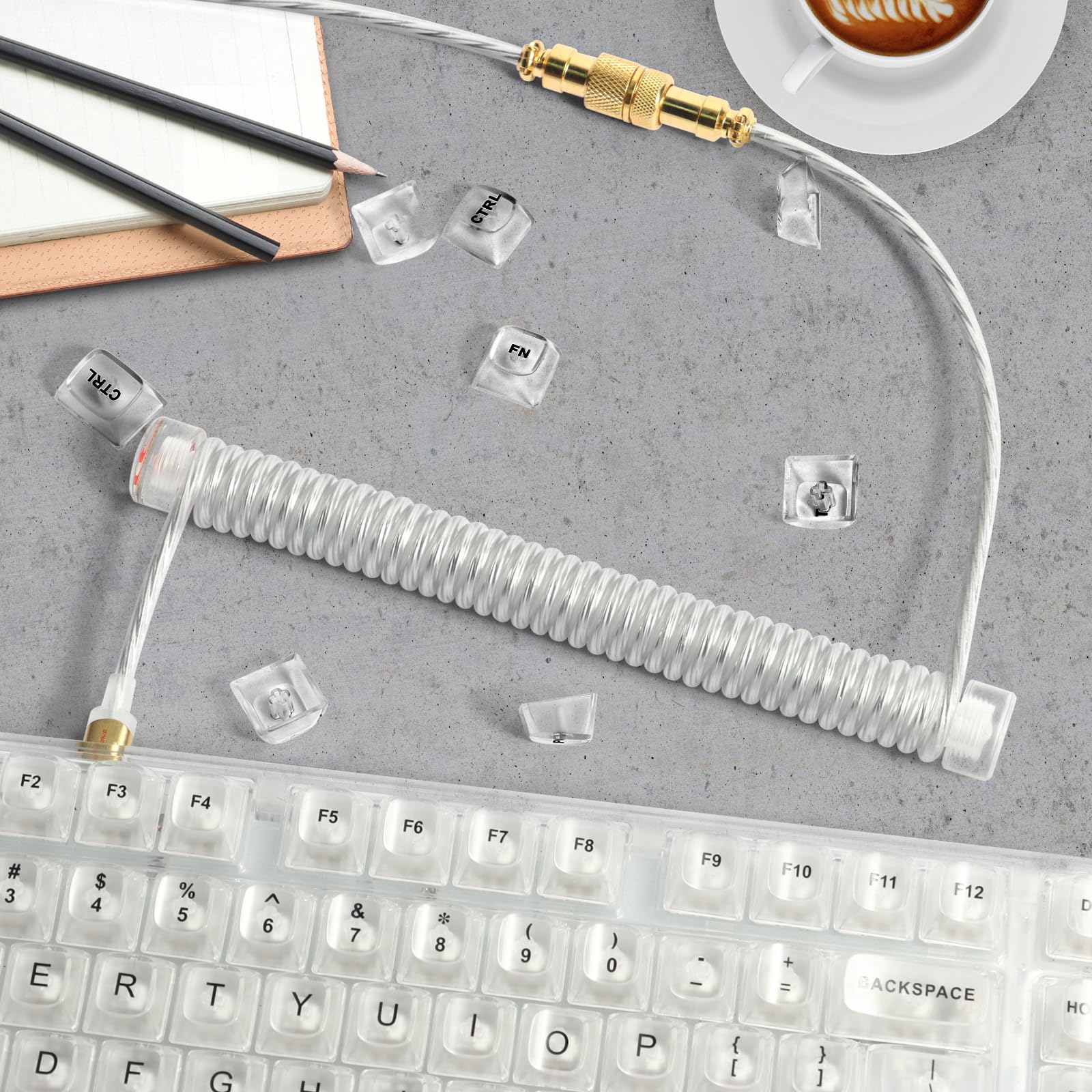 MAMBASNAKE Custom Spiral Tastaturkabel und Aviator Cable Winder Set – Aviator Cable Fixed Rod Acrylic Gewichtsstange + Spiral USB-C-Kabel mit Abnehmbar Luftfahrtstecker von Gaming-Tastaturen - Klar - 2