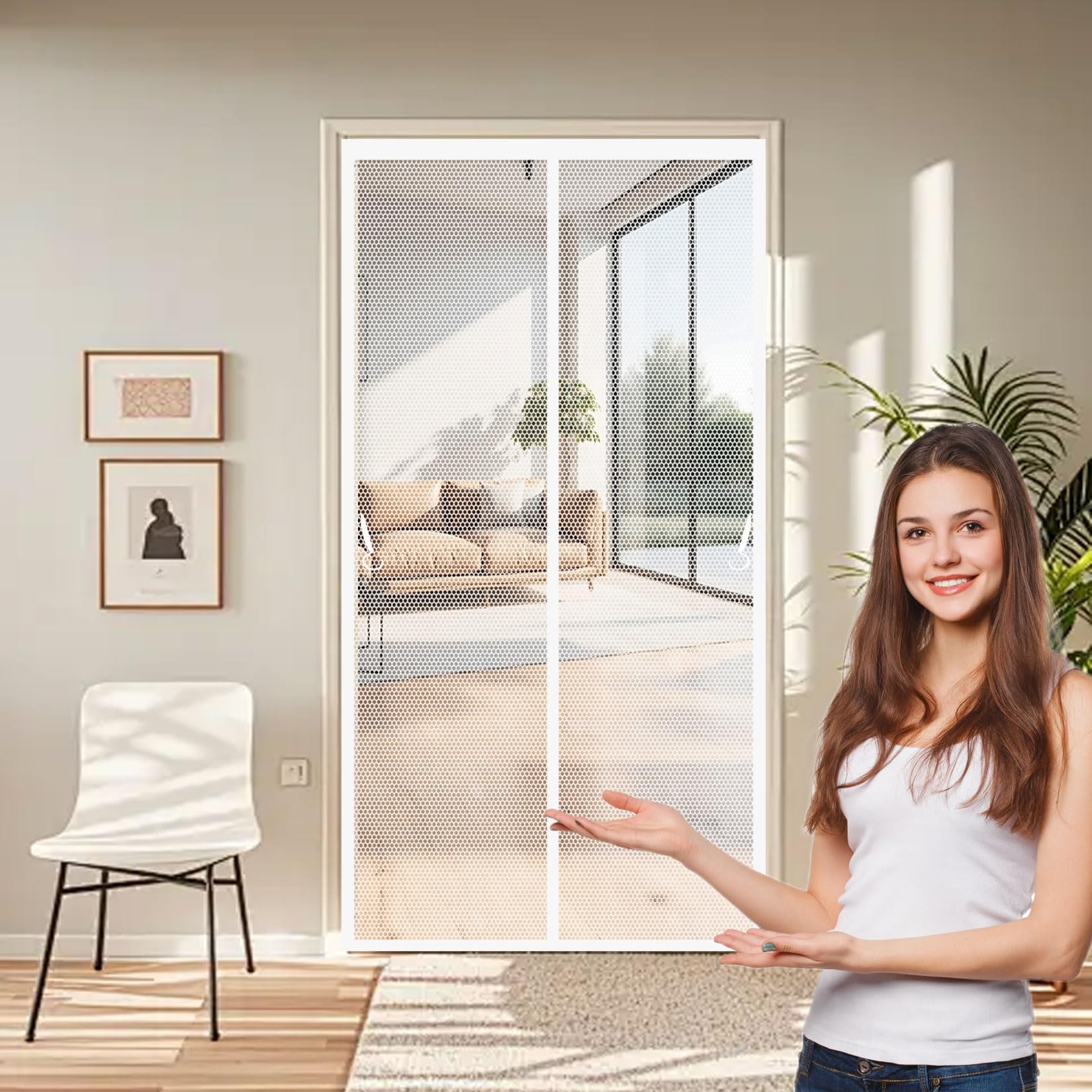 Magnetic Screen Door 160 x 124 cm with Magnets, Magic Tapes, Polyester Fly Screens for Doors No Drill Installation, Keep Bugs Out for Keeping Out Flies, White