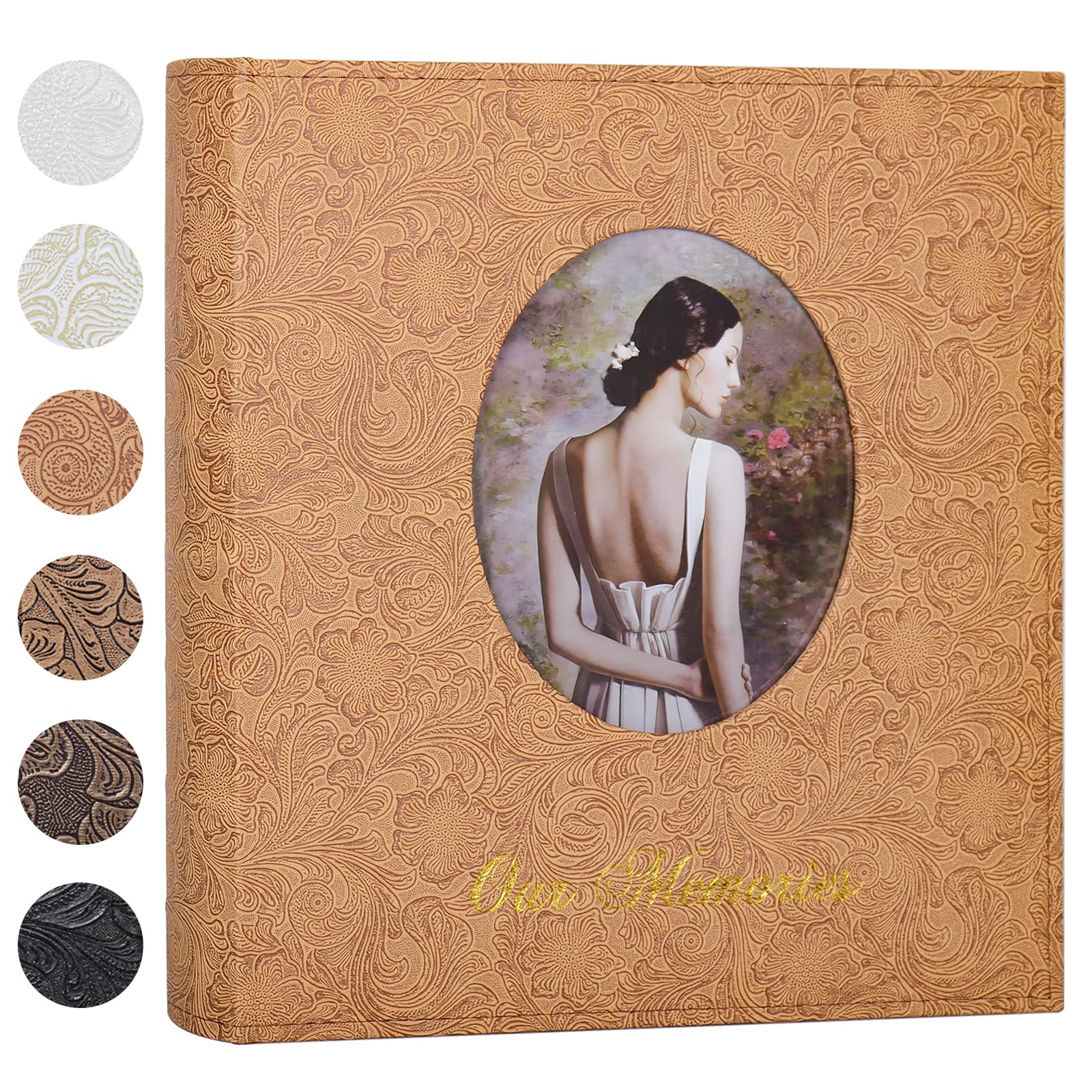 RECUTMS Photo Album 4x6 Picture Album with Retro Leather Cover DIY Oval Front Window Large Capacity Photo Album Slip in Hold 600 Vertical Photos for Wedding Family Couple Travel Baby Memory Album