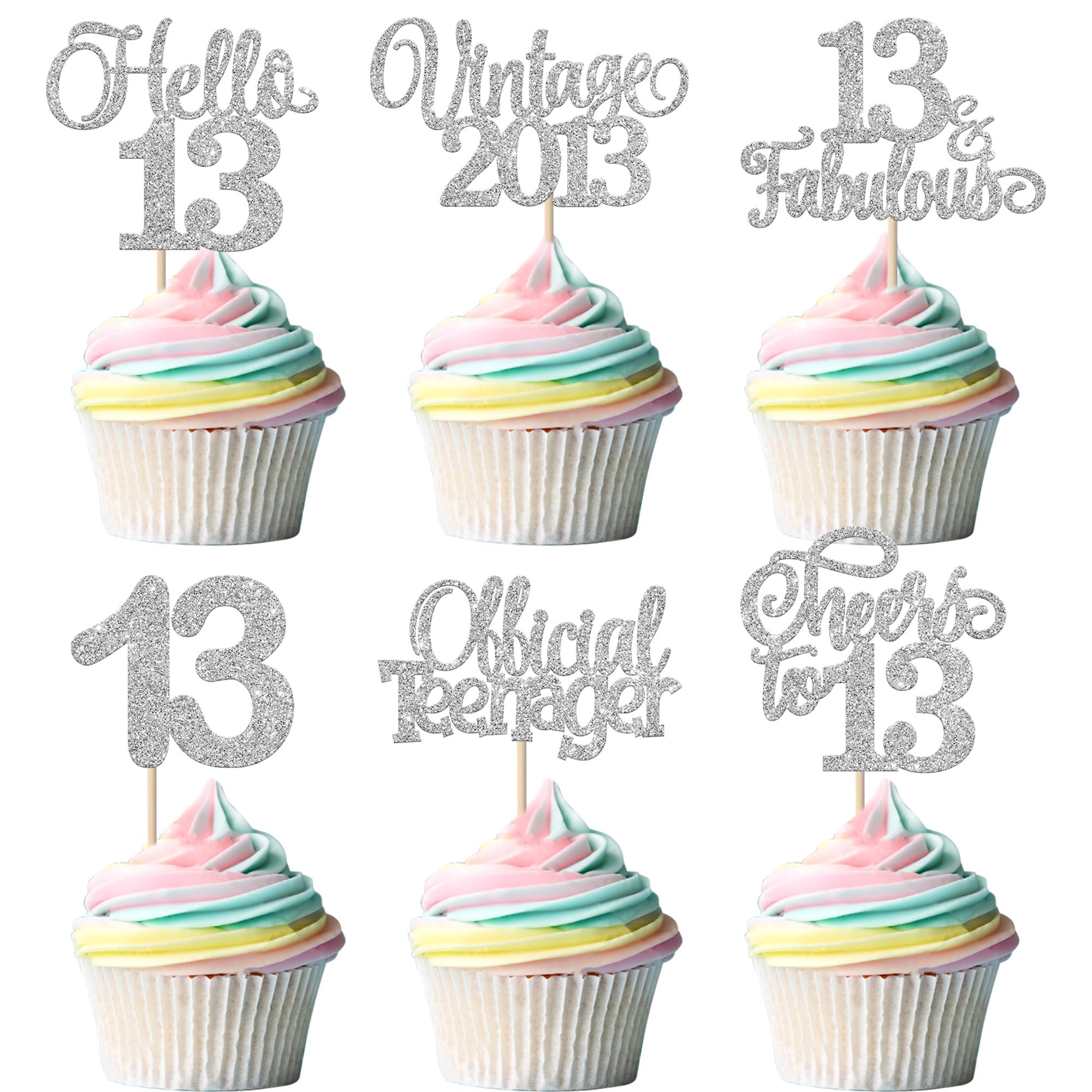 Xsstarmi 24 Pack Vintage 2013 Cupcake Toppers Glitter Silver Star Official Teenager Cupcake Picks Hello 13 Cheers to 13 Years Cake Decorations for Happy 13th Birthday Anniversary Party Supplies