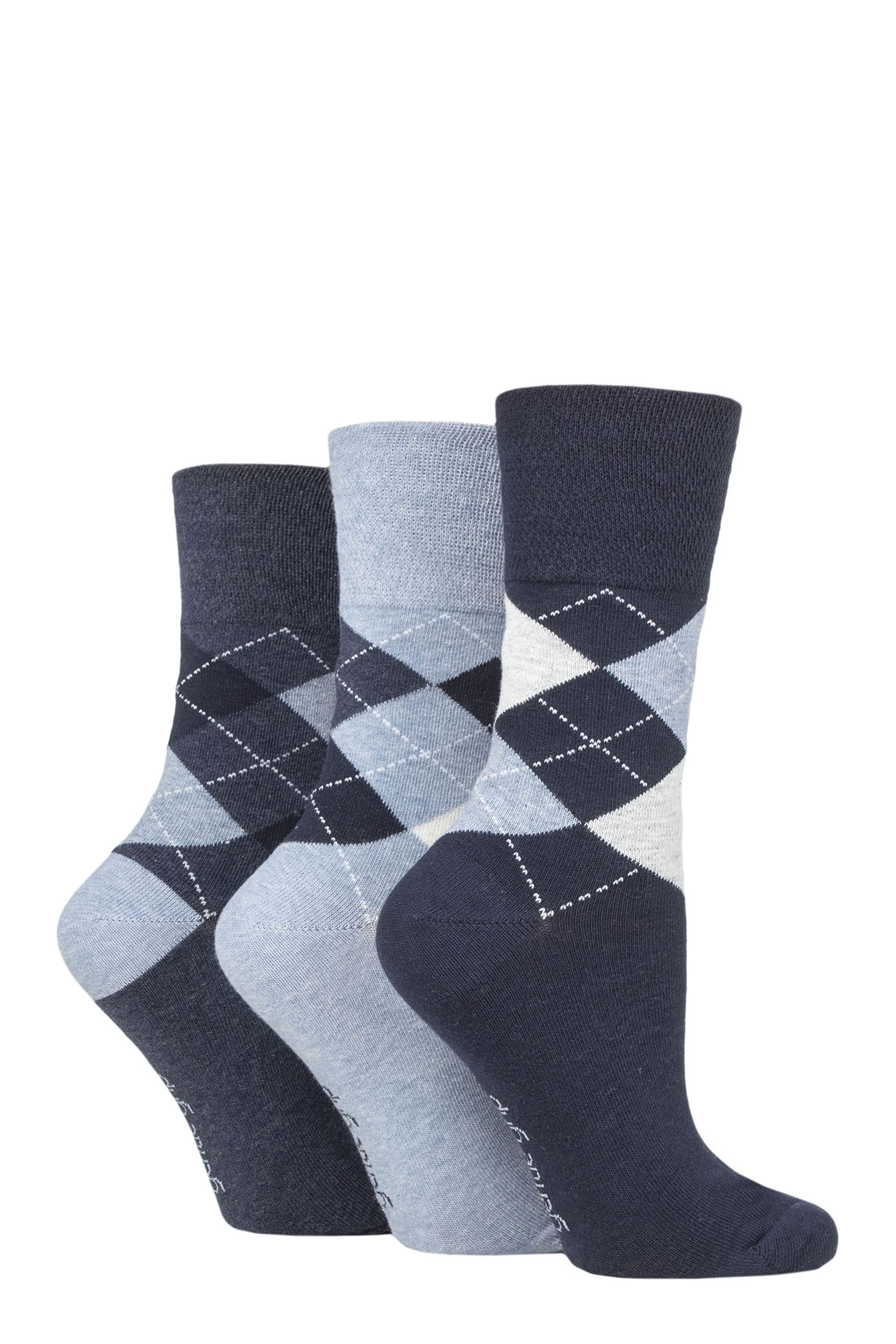 Gentle Grip Ladies 3 Pair Argyle Patterned Cotton Socks Argyle Navy/Denim 4-8