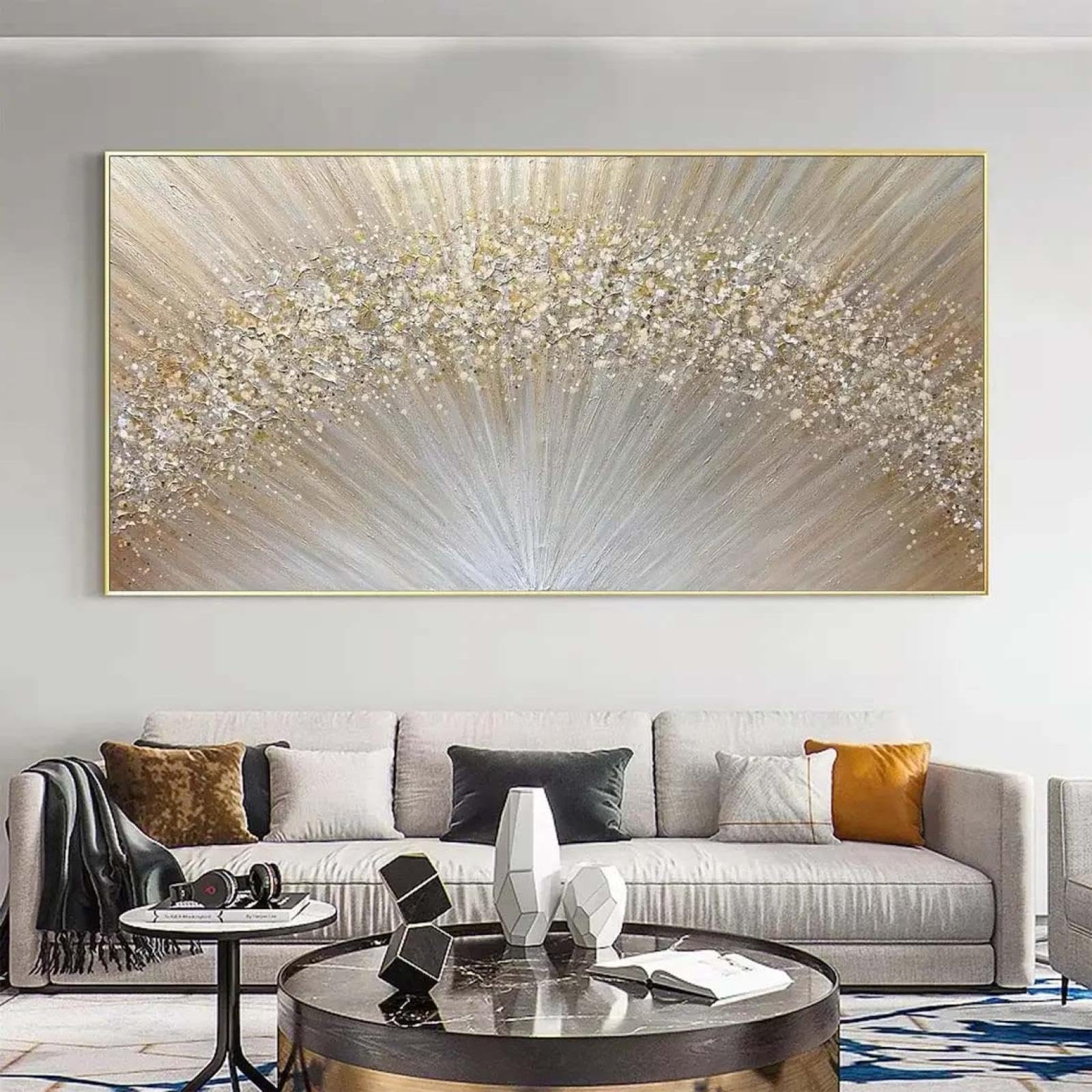 18meng Art Nordic Abstrakte Leinwand Bilder Gold Wohnzimmer Modern Luxus Sonnenaufgang Gold Kunstdruck Bilder Wandbilder Abstrakt Leinwandbild (140x70 cm, Mit Rahmen)