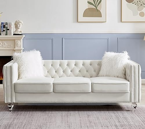 Miniatura 3 de mikibama Sofá biplaza de terciopelo con botones y brazos cuadrados de 59 pulgadas, sofá capitoné con tachuelas decorativas recortadas y patas de