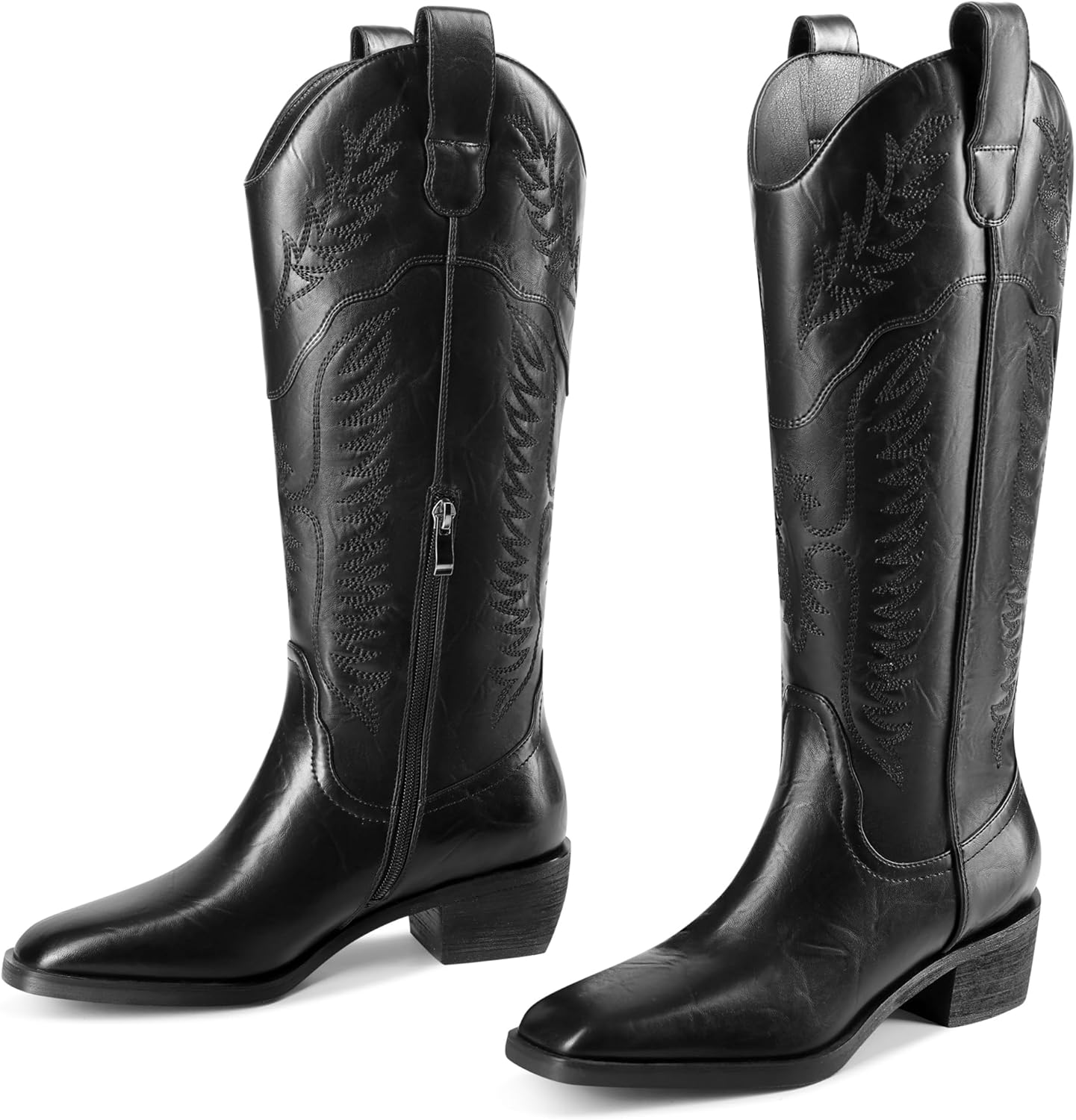 Knee High Cowboy Boots for Women Western Tall Cowgirl Boots with Embroidered Chunky Heel Side Zipper Slim Calf Square Toe for Weddings, Holidays, Parties & Casual Wear