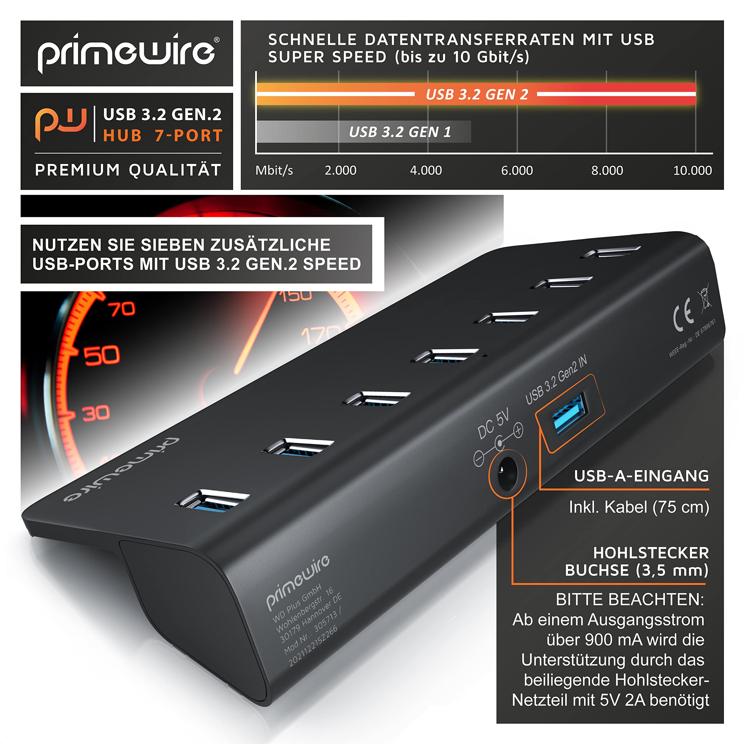 CSL 7 Port USB 3.0 Hub aktiv - 10 Gbit/s - 7 Port Verteiler – mit Netzteil aktiv - USB-Kabel, Stromversorgungskabel – Aluminiumgehäuse - PC Notebook Laptop - Windows 7 – 11, kompatibel USB 3.2 2.0