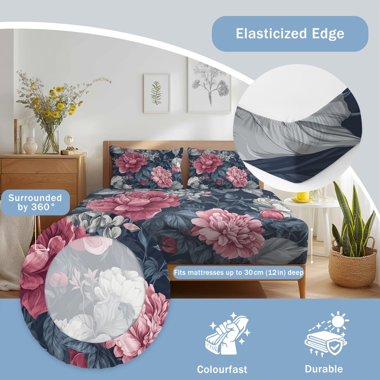 Générique Retro Floral Poszwa na kołdrę Zestaw pościeli 4-częściowy Piwonia Róża, Zestaw pościeli z mikrofibry Fioletowy wzór Pościel z 2 poszewkami na poduszki i 1 prześcieradłem z gumką 200 x 200 cm