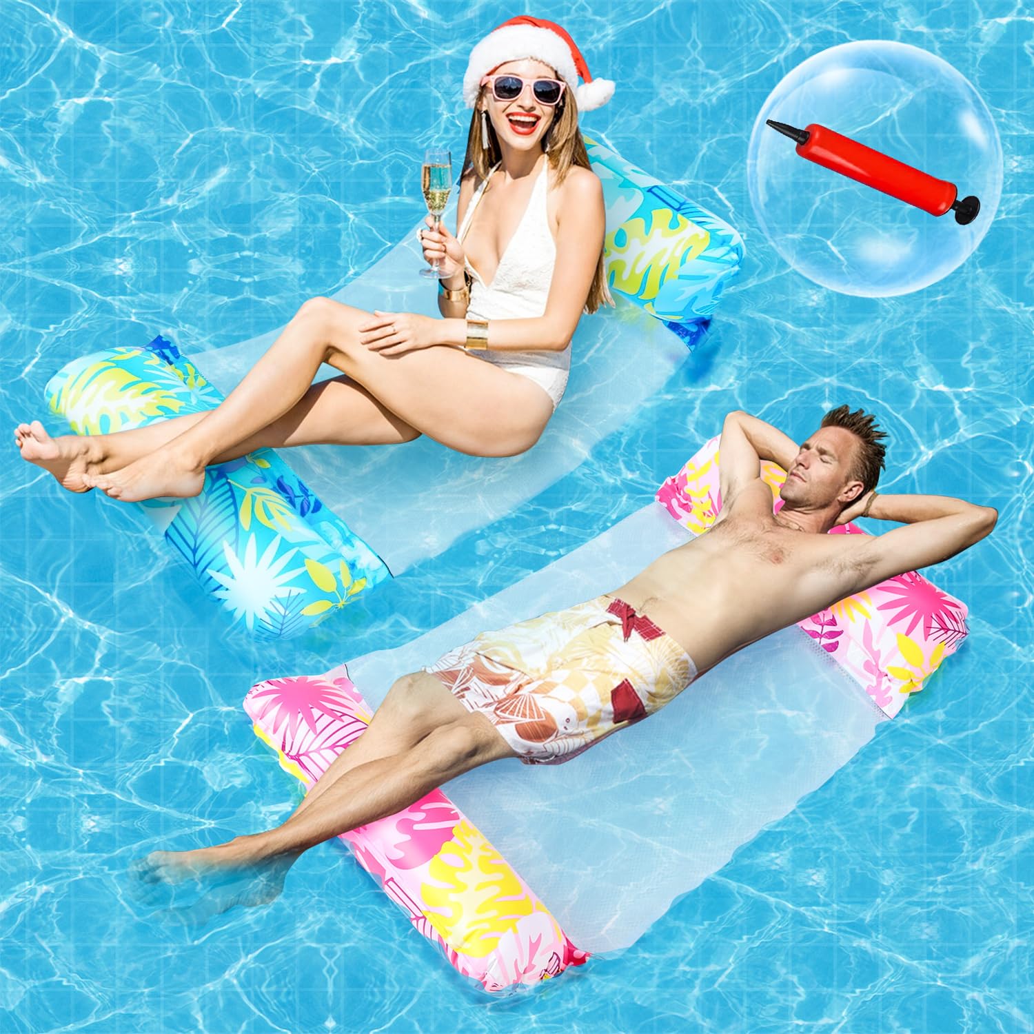 2 Pack Pool Inflatables Water Hammock for Adults,4 in 1Multi-Purpose Lilo Inflatable Pool Float Hammock with Air Pump, Swimming Pool Float for Beach Pools
