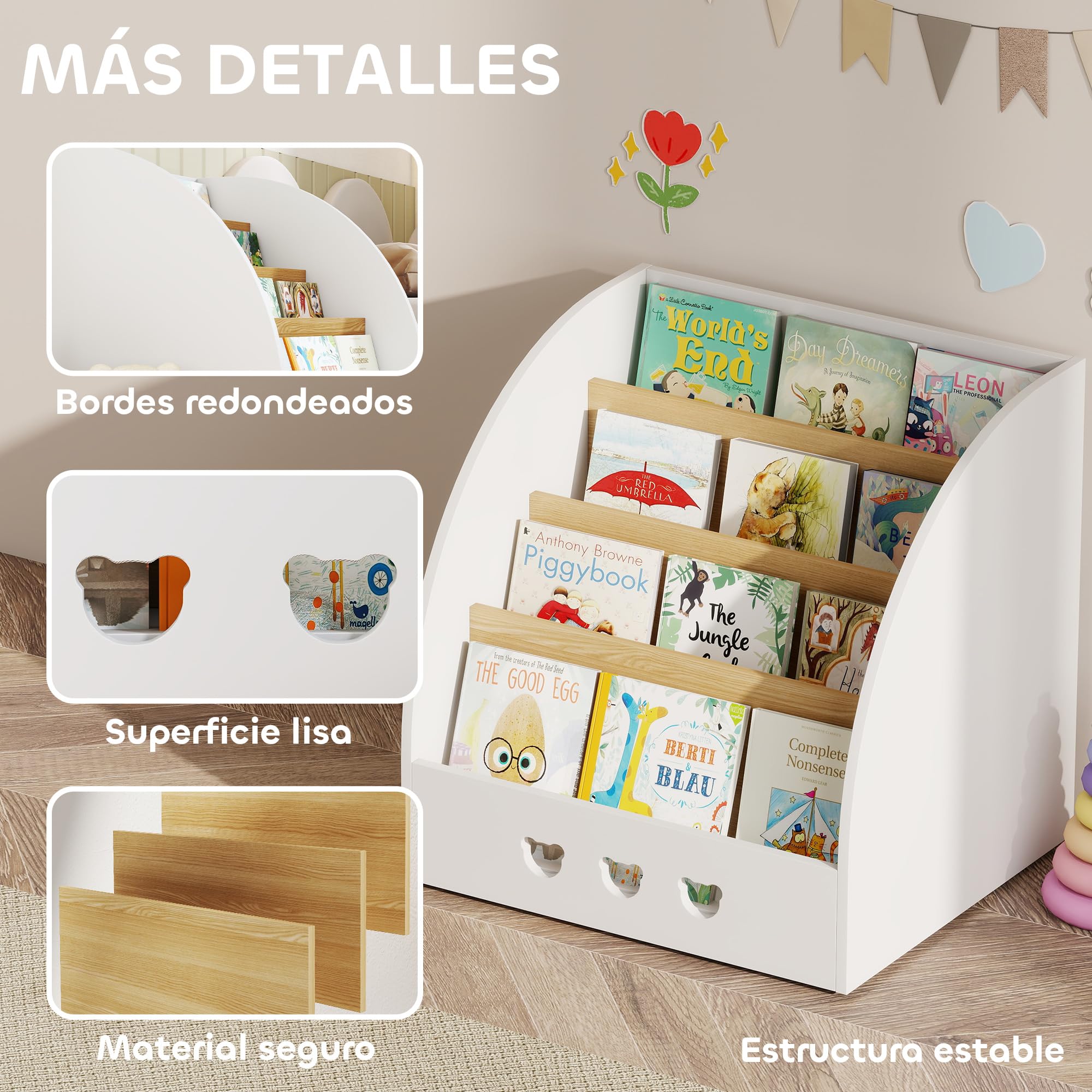 AIYAPLAY Estantería Infantil para Juguetes con Compartimento Oculto Organizador de Juguetes de 4 Niveles con Ruedas para Habitación Infantil Sala de Juegos Guardería Blanco y Natural