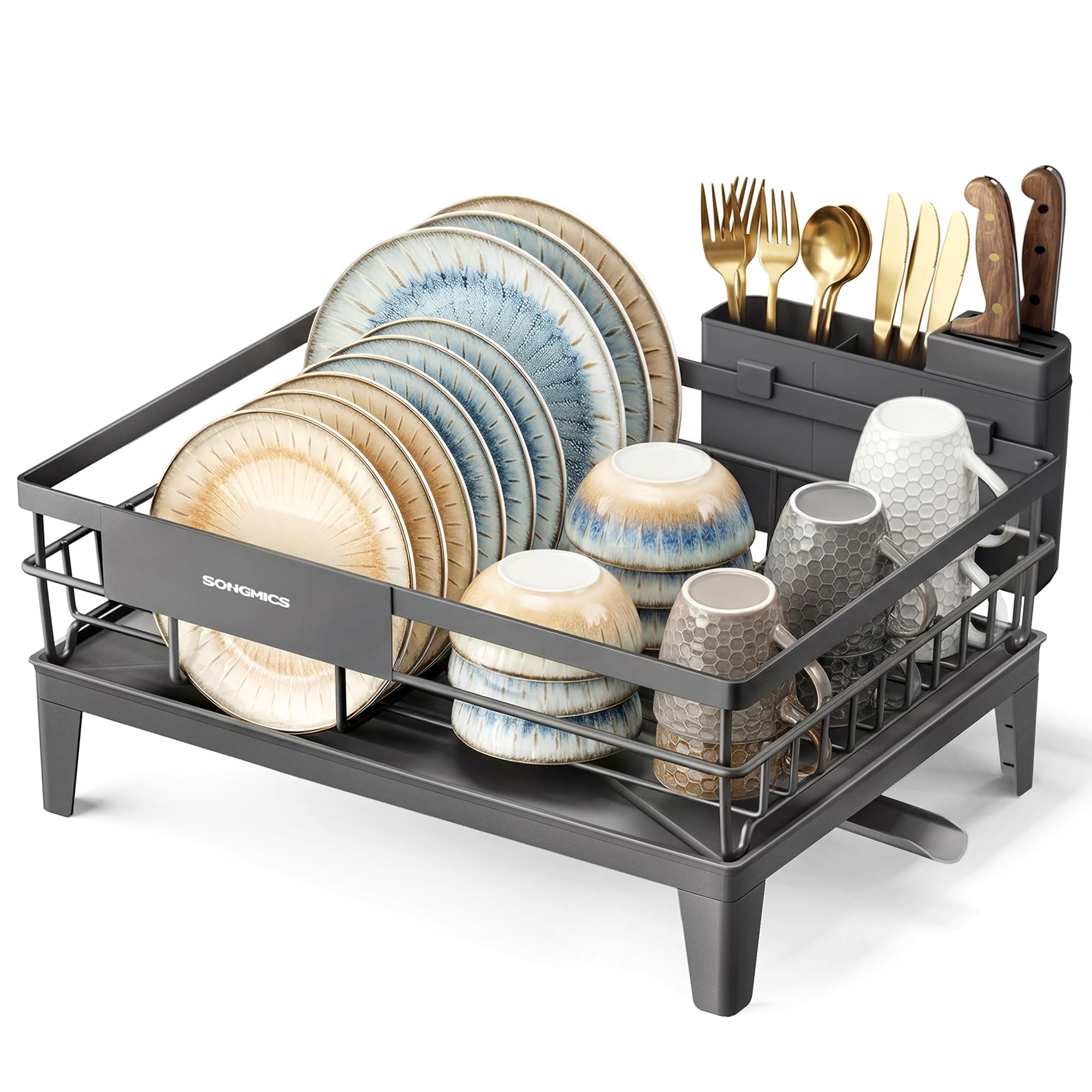 Songmics Anthracite Grey Dish Drying Rack, Dish Drainer Rack For Kitchen Counter, 360° Rotatable And Extendable Spout, Draining Board, With Cutlery Holder, 31 X 42 X 18.5 Cm, Kcs550gt01