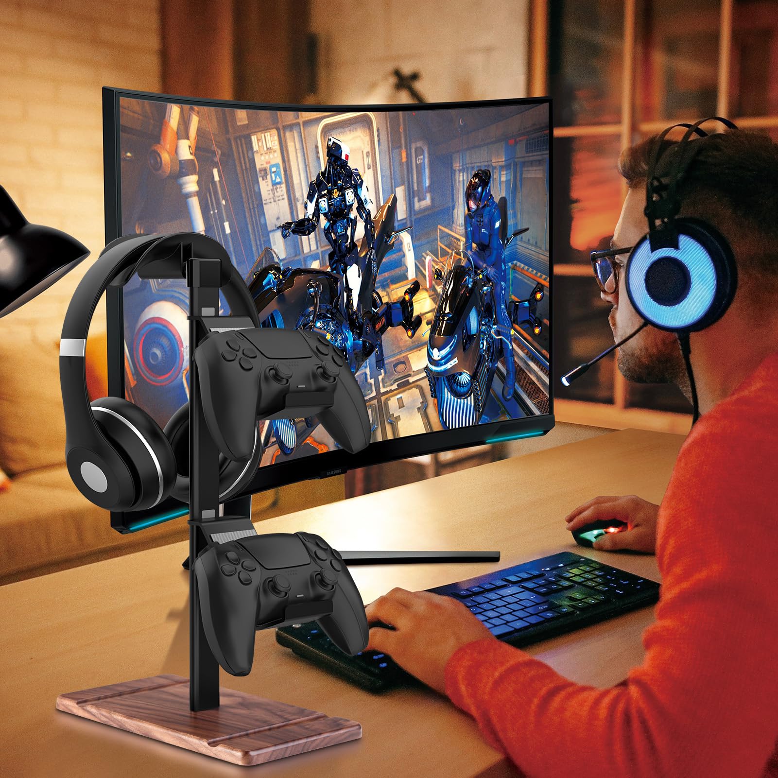 Support Manette, Support Casque en Bois de Noyer, Gamer Porte Manette pour Xbox PS5 PS4 Switch, Headset Stand, Accessoire Bureau Gaming