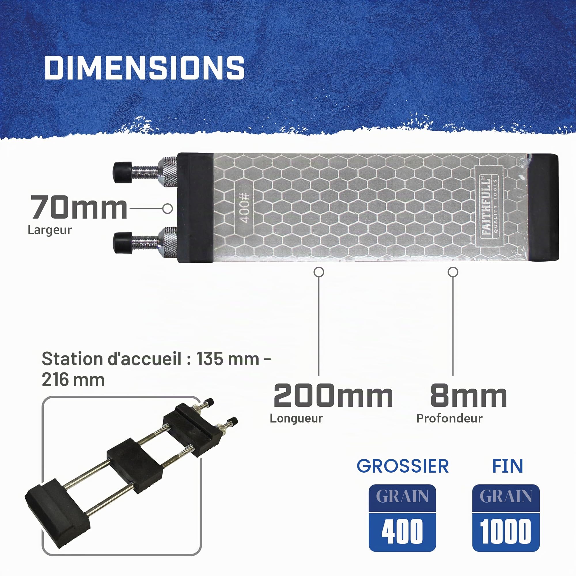 Kit de pierre à aiguiser diamantée double face Faithfull – Pierre à aiguiser avec station d'accueil et étui de rangement, grain 400 g / 1000 g pour ciseaux, fers de rabot et lames – 200 x 70 mm