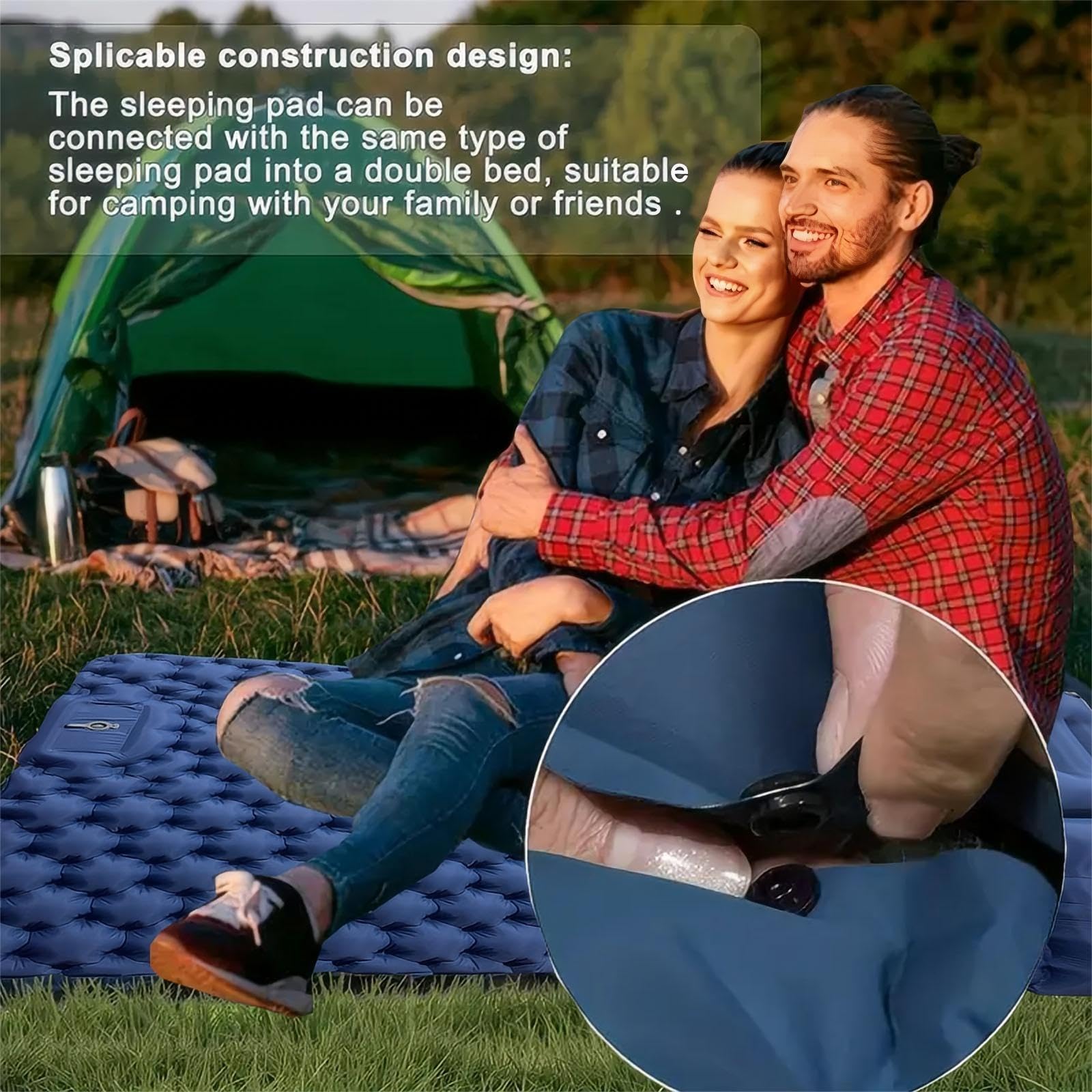 Matelas de couchage autogonflant pour le camping, la plage, avec pompe à air à pédale et coussin intégré, convient pour la randonnée en plein air, matelas pour 2 personnes 196 x 125 cm