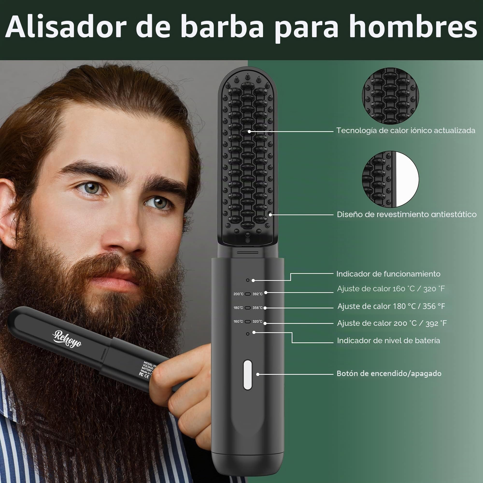 Alisador de barba para hombres, cepillo alisador portátil inalámbrico para cabello y barba con tecnología antiquemaduras e iónica, peine de ajuste de temperatura de 3 para viajes en casa