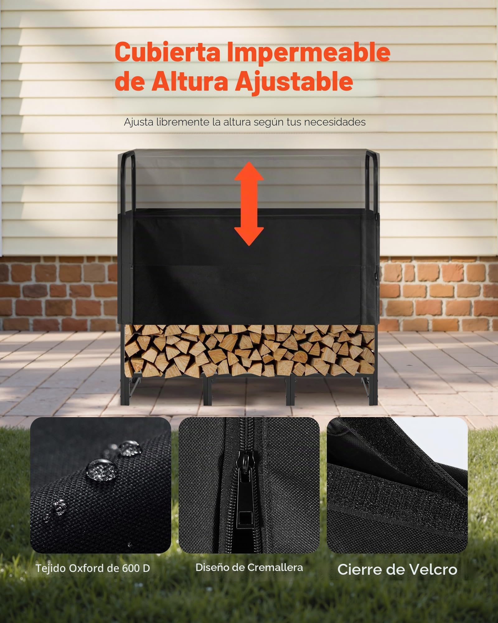 VEVOR Estante de Almacenamiento de Leña 122 x 32 x 118 cm Marco de Metal con Recubrimiento en Polvo con Media Cubierta Soporte de Leña Carga de 181,4 kg para Chimenea, Terraza, Patio, Jardín, Negro