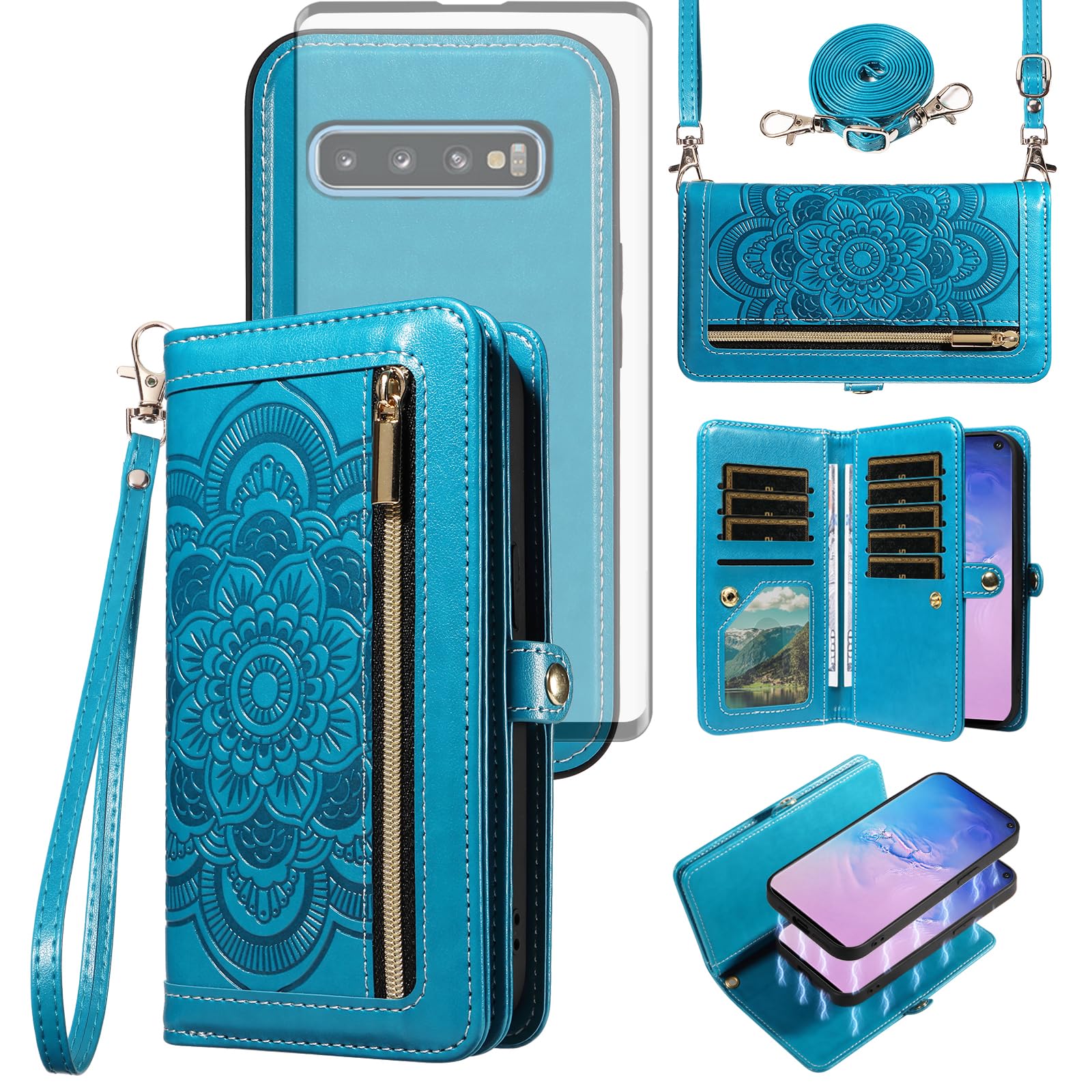 Asuwish Phone Case for Samsung Galaxy S10 Zipper Wallet Magnetic Detachable Cell Cover with Tempered Glass Screen Protector Crossbody Strap Mandala