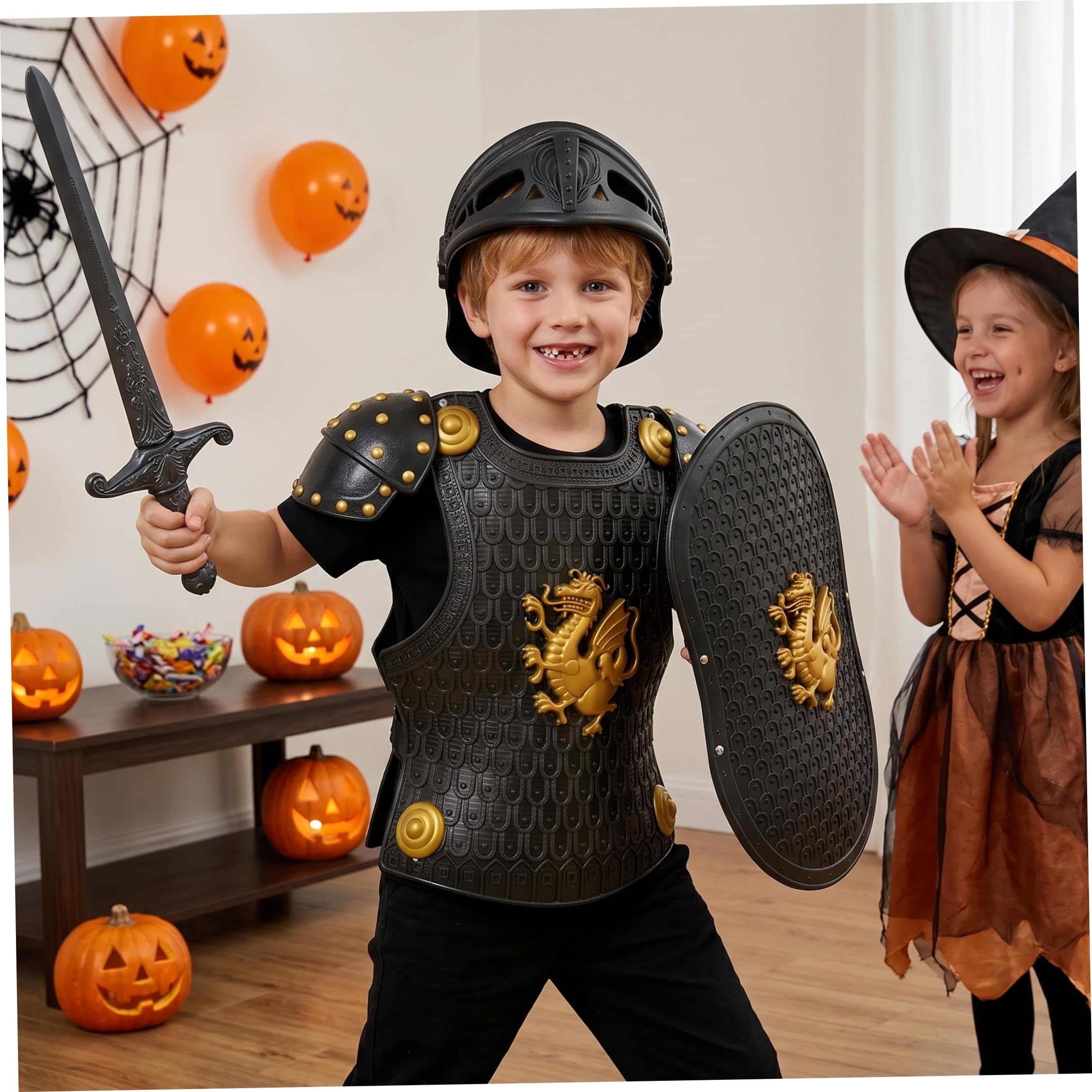 Costume da cavaliere per ragazzi set di armature per bambini a tema drago di Halloween spada scudo e casco inclusi nero