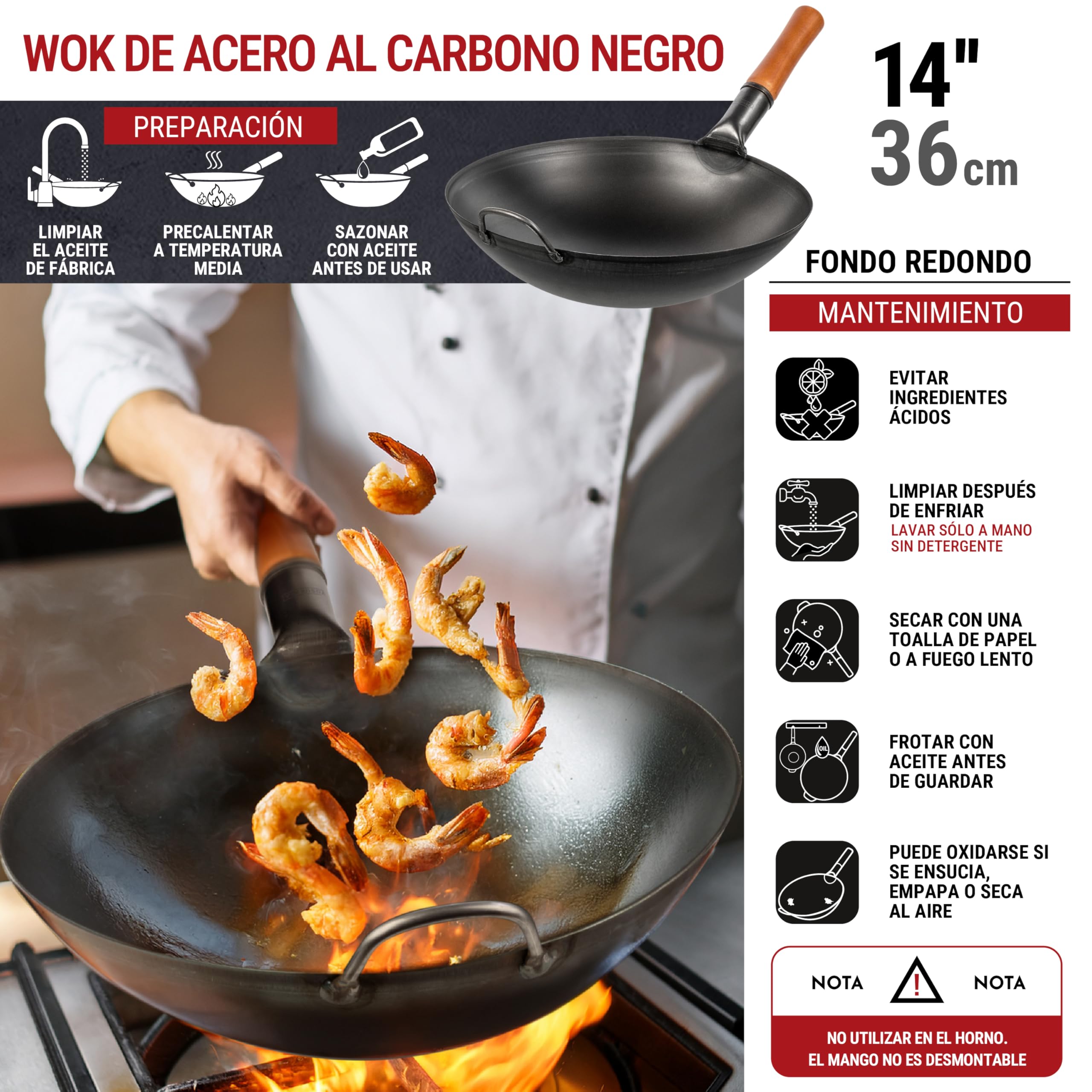YOSUKATA Wok de acero al carbono de 14 pulgadas con fondo redondo – Wok Pow pre-sazonado para freír – Sartén tradicional china japonesa de acero negro – Utensilios de cocina al aire libre para estufas