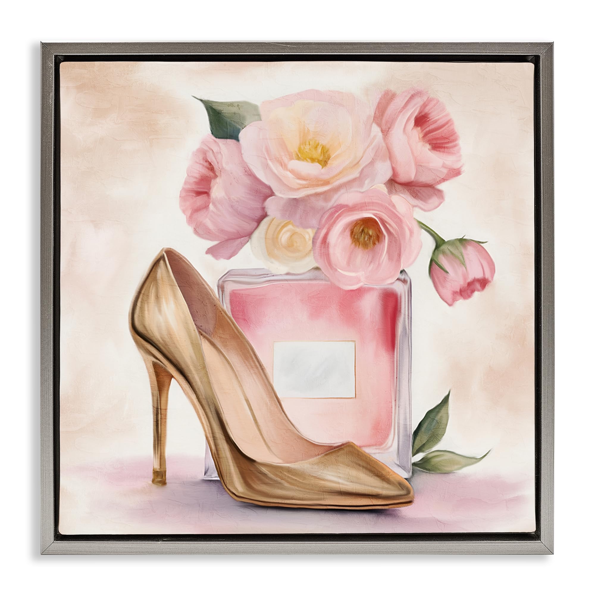 Stupell Industries Luster Gray (Matte) 'Pink Beauty Heel & Flowers'| Floating Frame Canvas Art