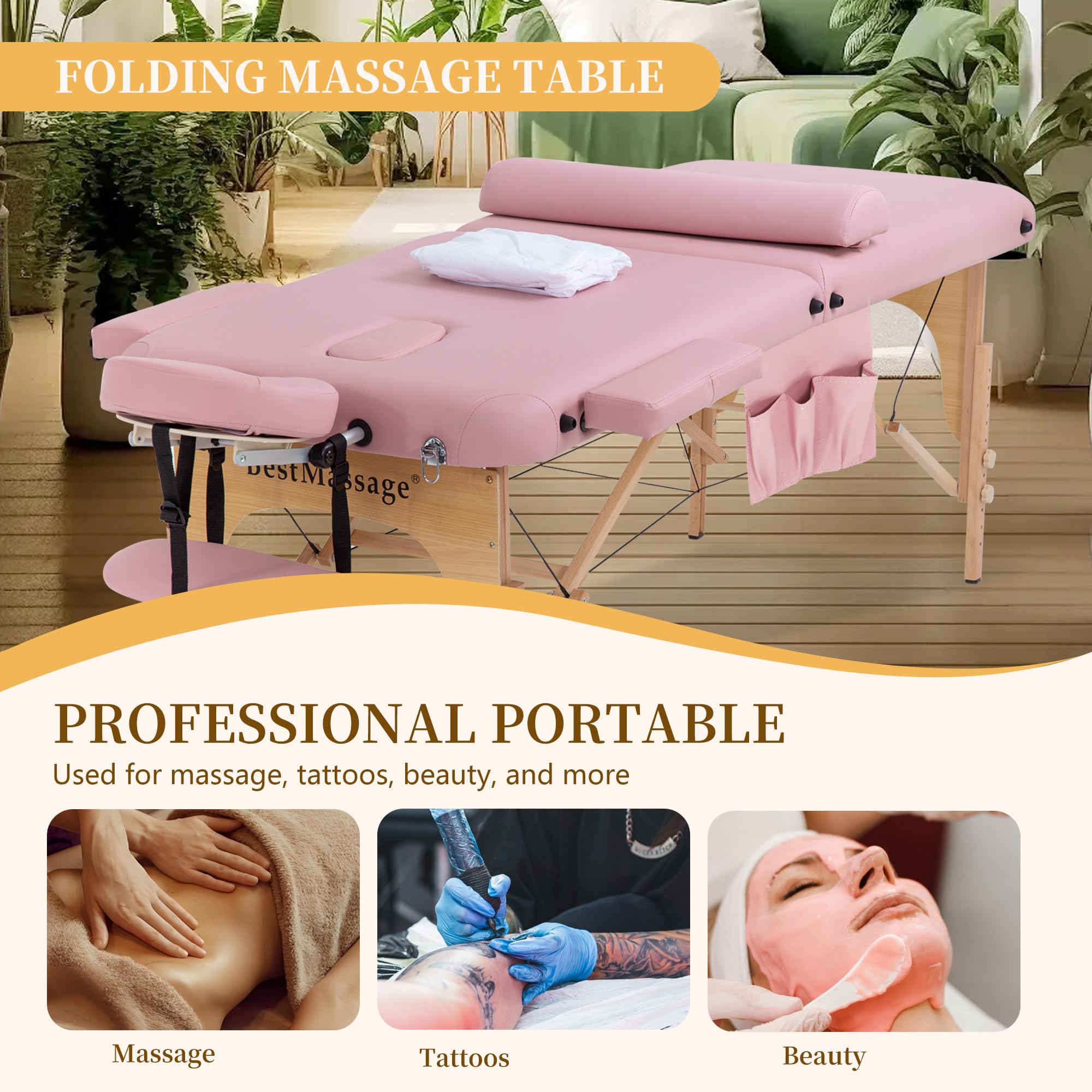 PayLessHere Lettino da massaggio portatile da 71,1 cm di larghezza, letto pieghevole in altezza regolabile, in pelle PU, per spa, asciugamano da bagno, sacchetto per olio, borsa in tessuto non tessuto
