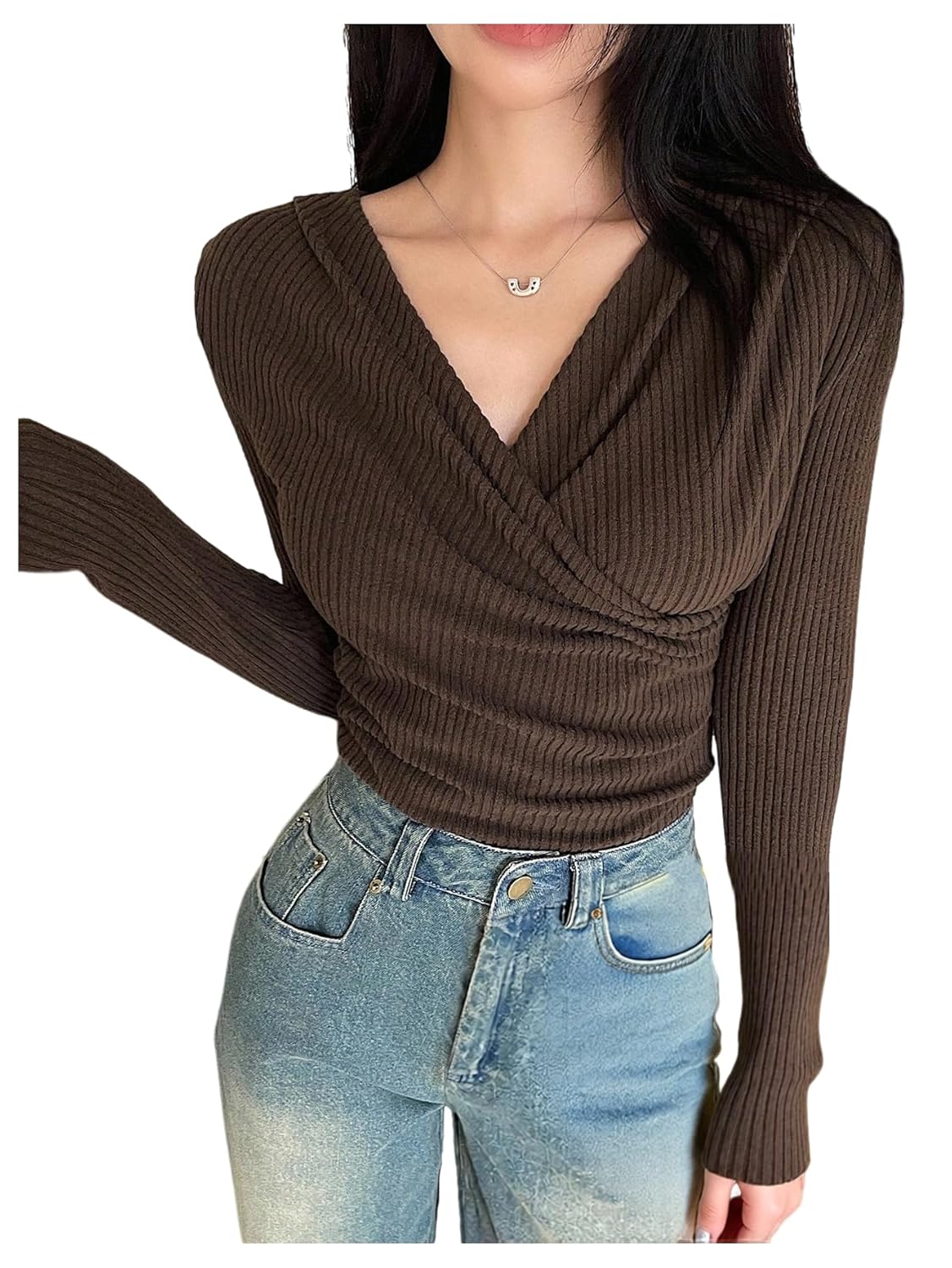 SHENHE Womens Elegant Wrap Draped Ruched Tops V Neck Long Sleeve Ribbed Knit Fitted Pullover