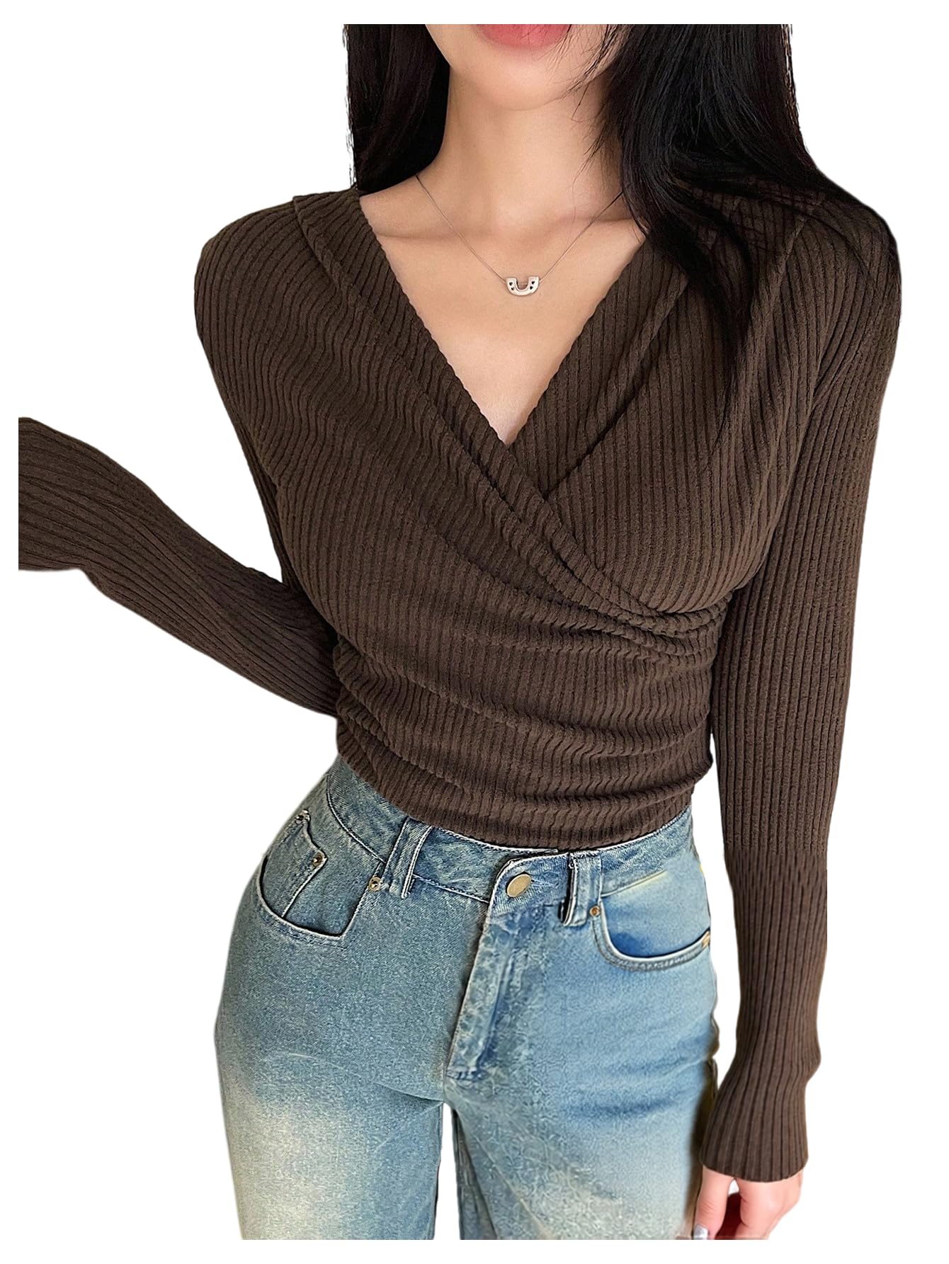 SHENHE Womens Elegant Wrap Draped Ruched Tops V Neck Long Sleeve Ribbed Knit Fitted Pullover