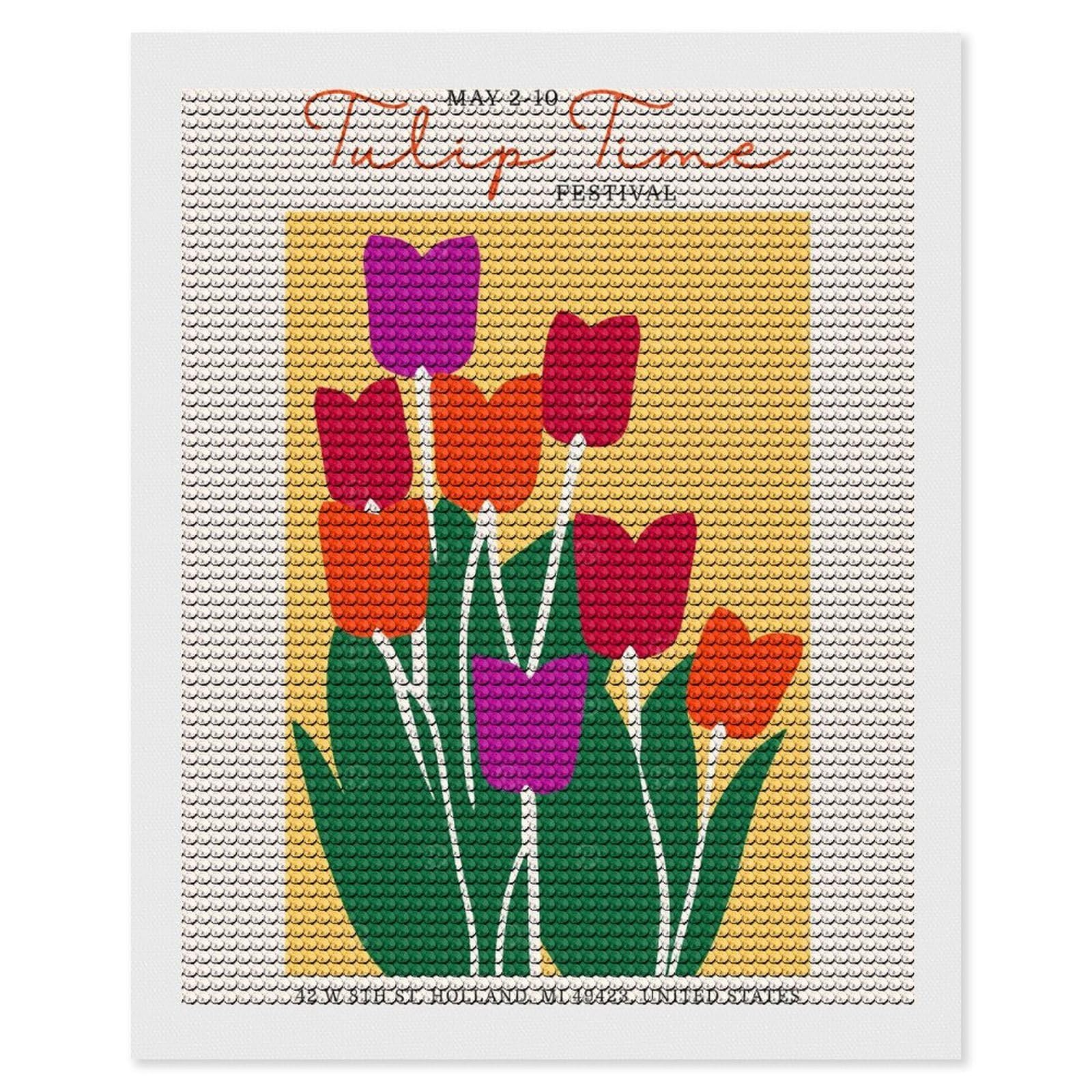 Junmoney Tulip Time Festival Diamond Art Kit 16"x20", Gift Idea, for Family Craft Time, Mindful Craft Activity, Boho Decor, Relaxing DIY Hobby