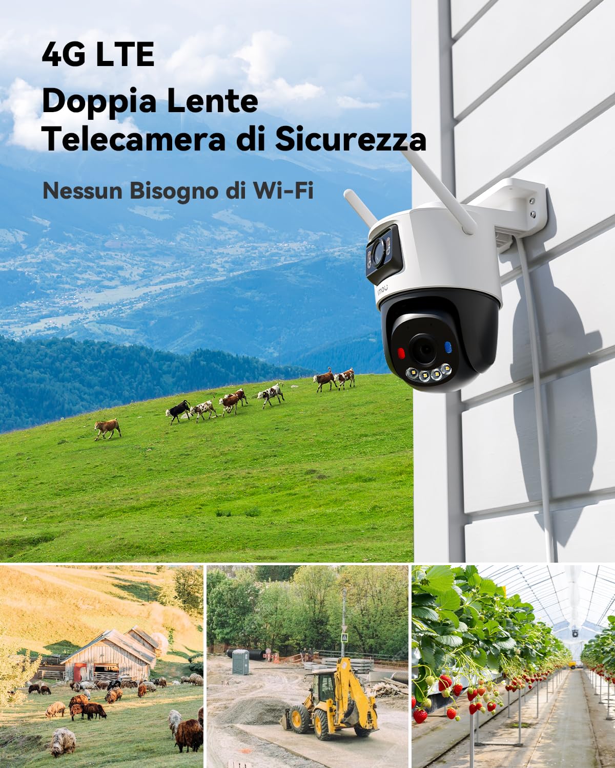 Imou 4G LTE Telecamera Esterno con Sim e 64GB Micro SD, 3K(3MP+3MP) Telecamera Senza WiFi con Doppio Obbiettivo, Visione Notturna a Colori, Rilevamento Umano/Veicoli, IP65, Crociera Automatica