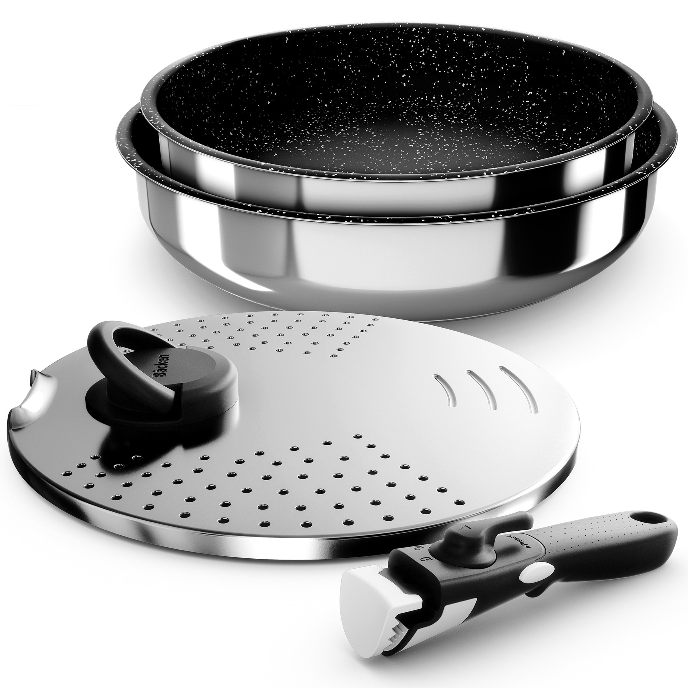 Backen 399916, Set pentole 16 pezzi, Padelle, Casseruole, Padella per saltare, 2 manici amovibili, Induzione, Rivestimento antiaderente, Impilabile, Lavabile in lavastoviglie, Garanzia 5 anni.