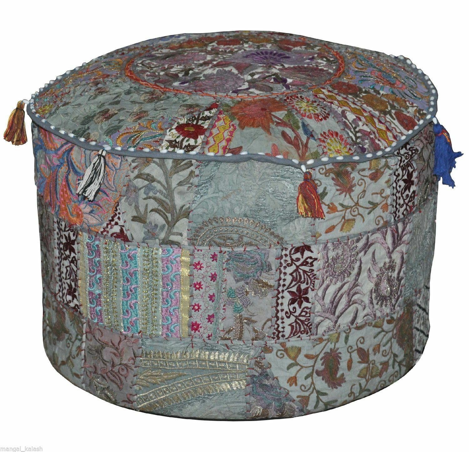 Indian Pouf Footstool - Ethnic Embroidered Ottoman Pouf Cover, Cotton Round Pouffe (Gray, 22x22x14 Inch)-image-30