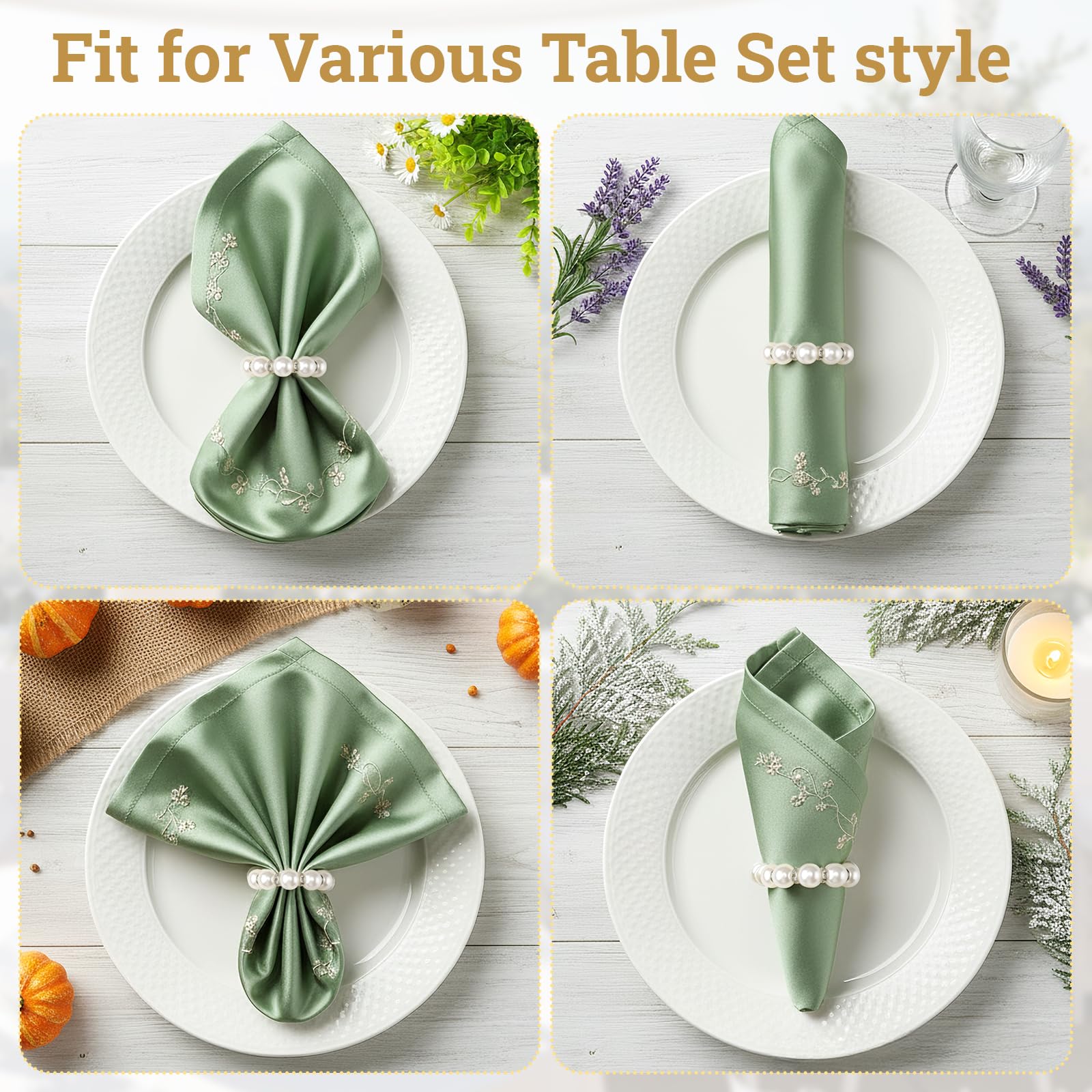 Suream Lot de 100 ronds de serviette en perles avec strass argentés - Décoration de table pour fête d'anniversaire, table de banquet et usage quotidien (blanc et argenté)