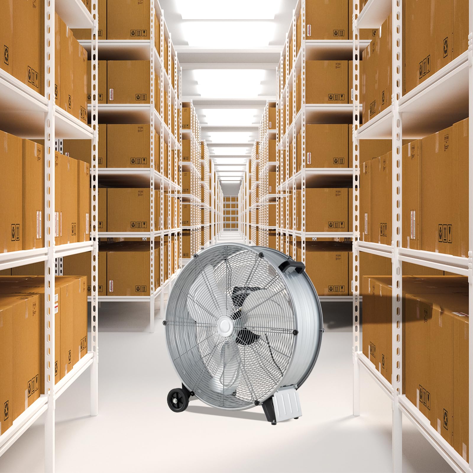 SOARS Ventilatori da Pavimento, 3 Velocità di Vento Regolabili, Ventilatore Industriale in Metallo, 2 Ruote in Gomma, per Magazzino, Officina, Cantina, Ufficio, Ø60 CM (Argento)