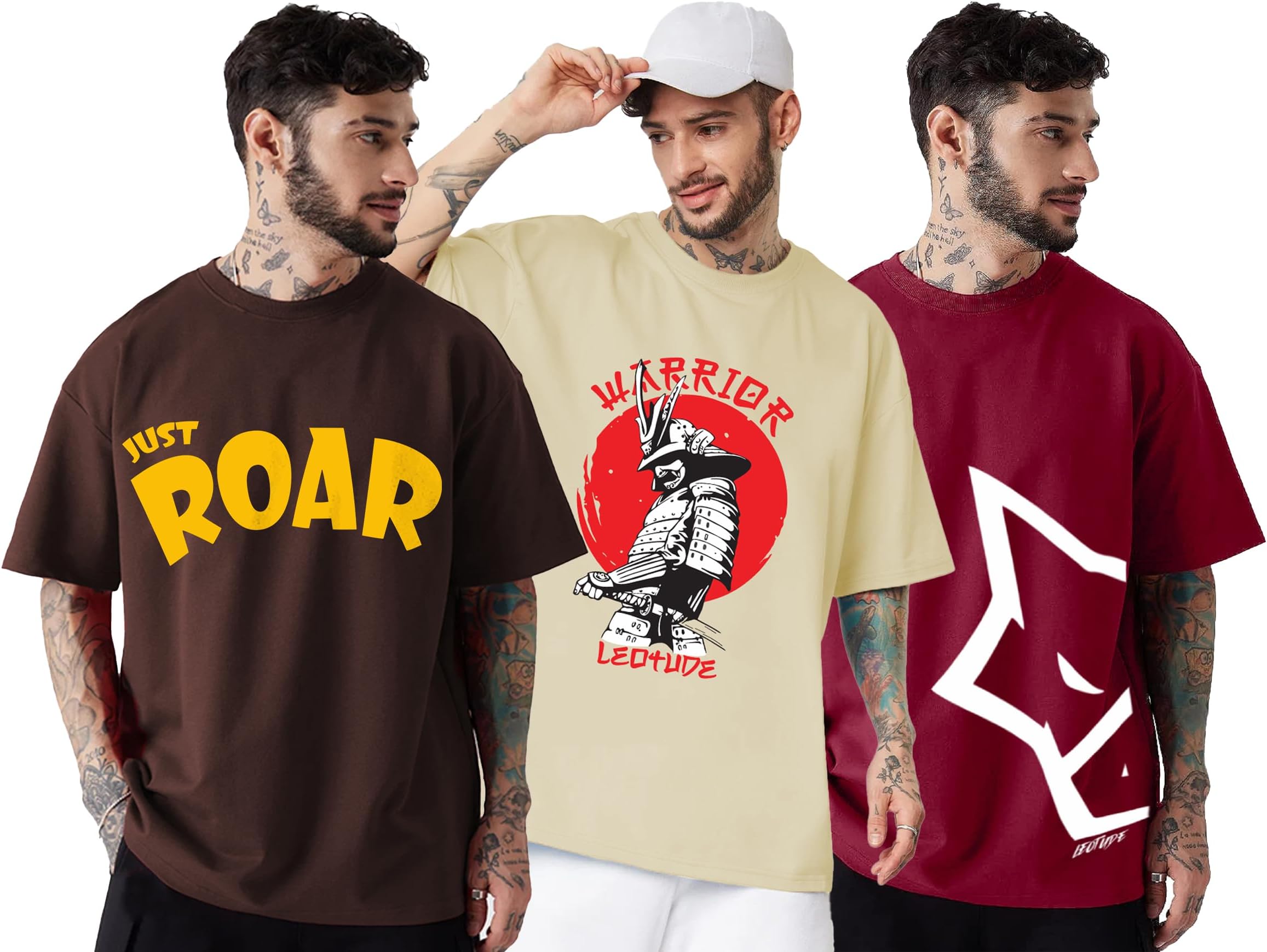 LEOTUDE Men's Cotton Regular Fit Half Sleeve Oversized Tshirt, Round Neck Longline Drop Shoulder | ful Printed Combo T-Shirt (Pack of 3)