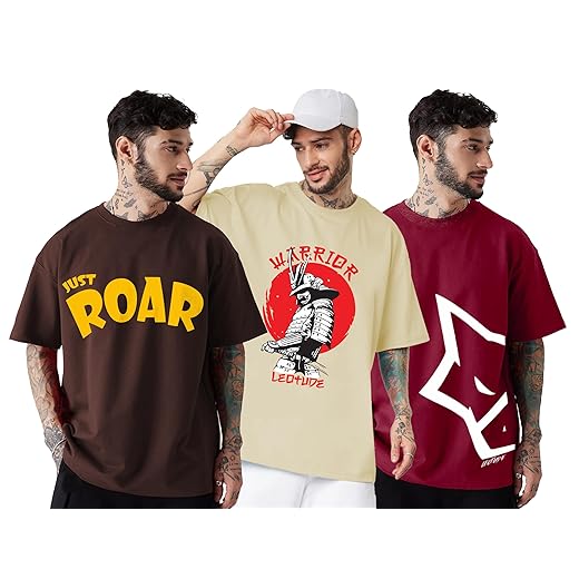 LEOTUDE Men's Cotton Regular Fit Half Sleeve Oversized Tshirt, Round Neck Longline Drop Shoulder | ful Printed Combo T-Shirt (Pack of 3)