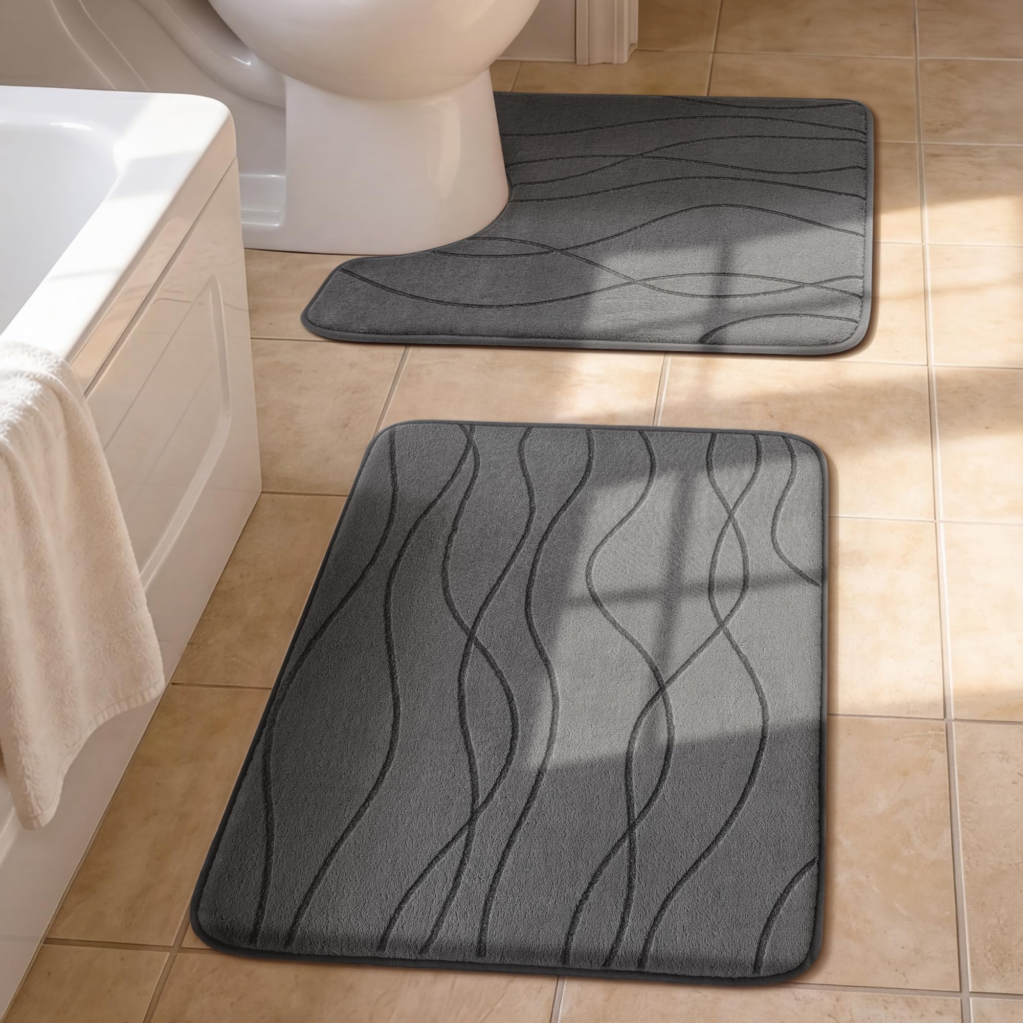 YIHOUSE Bathroom Rugs Set 2 Piece, Memory Foam Bath Mat Dark Grey