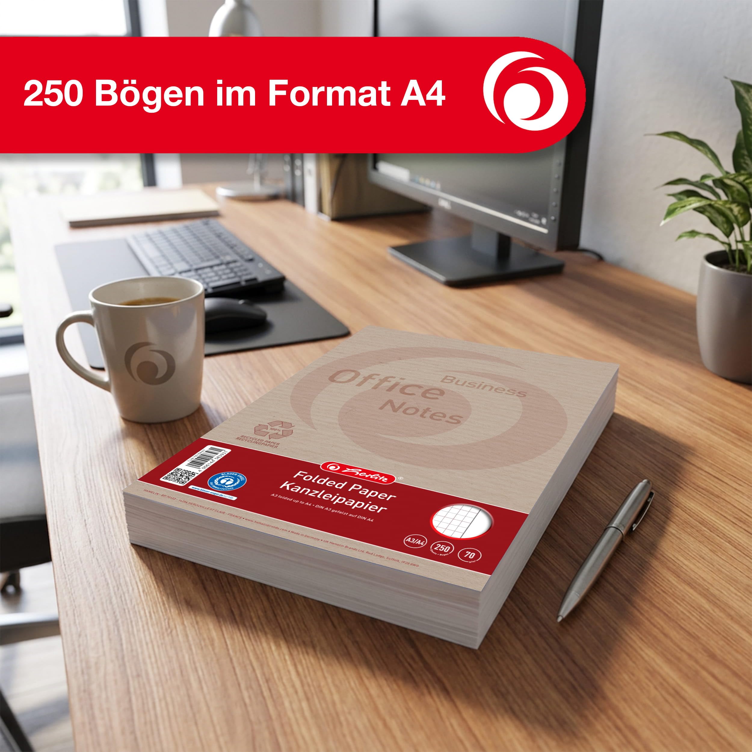 Landré Kanzlei-Papier Recycling A3 auf A4 gefalzt, kariert, 70 g/m², 250 Kanzlei-Bogen
