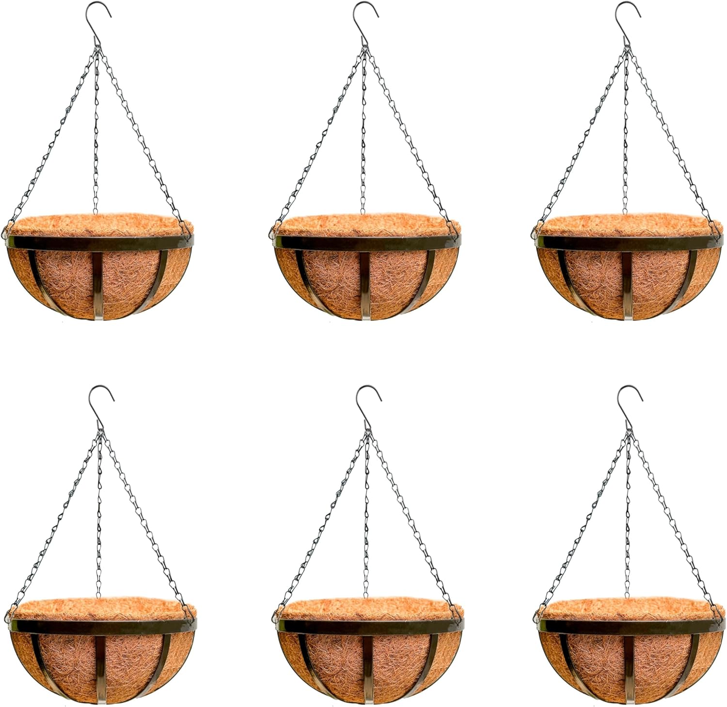 LaLaGreen Outdoor Hanging Baskets for Plants (6 Pack, 10 Inch) Small and Cute Wire Hanging Planters with Coco Liner, Black Metal Flat Iron Flower Pots for Deck Porch Patio Garden Balcony Outside Decor