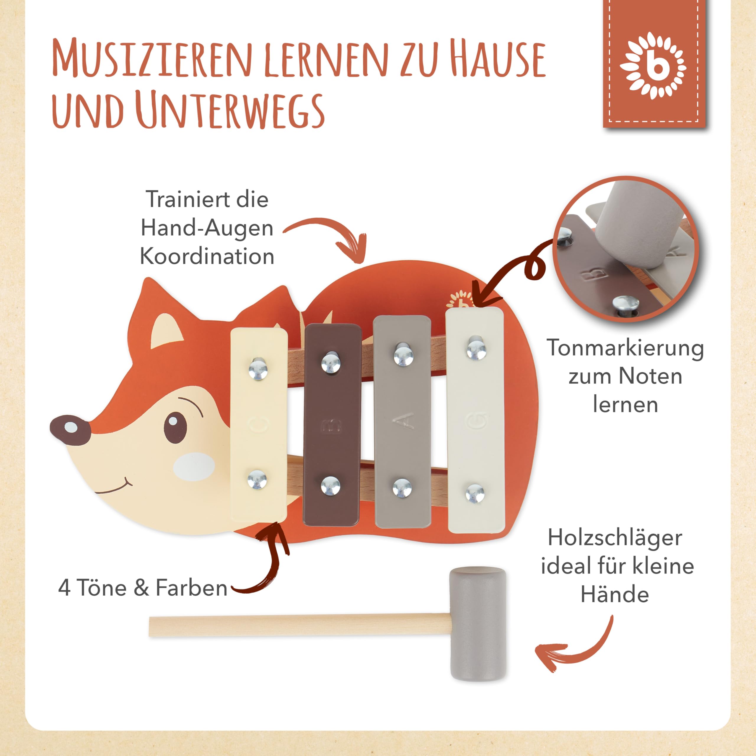 Bieco Mini Fuchs Kinder Xylophon - Baby Spielzeug Glockenspiel für Kinder ab 1 Jahr - Waldtiere Xylophon Holz - Glockenspiel Holz - 4