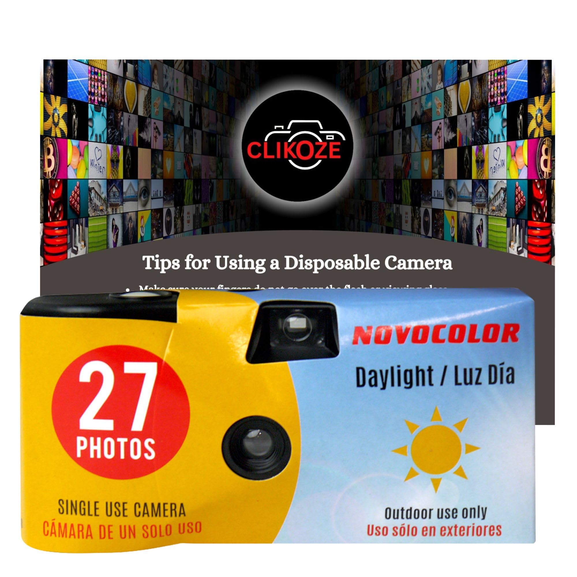 Einwegkamera-Paket mit Novocolor Daylight Einwegkamera, 27 Belichtungen und Clikoze Fotografie-Tipps (1 Stück)